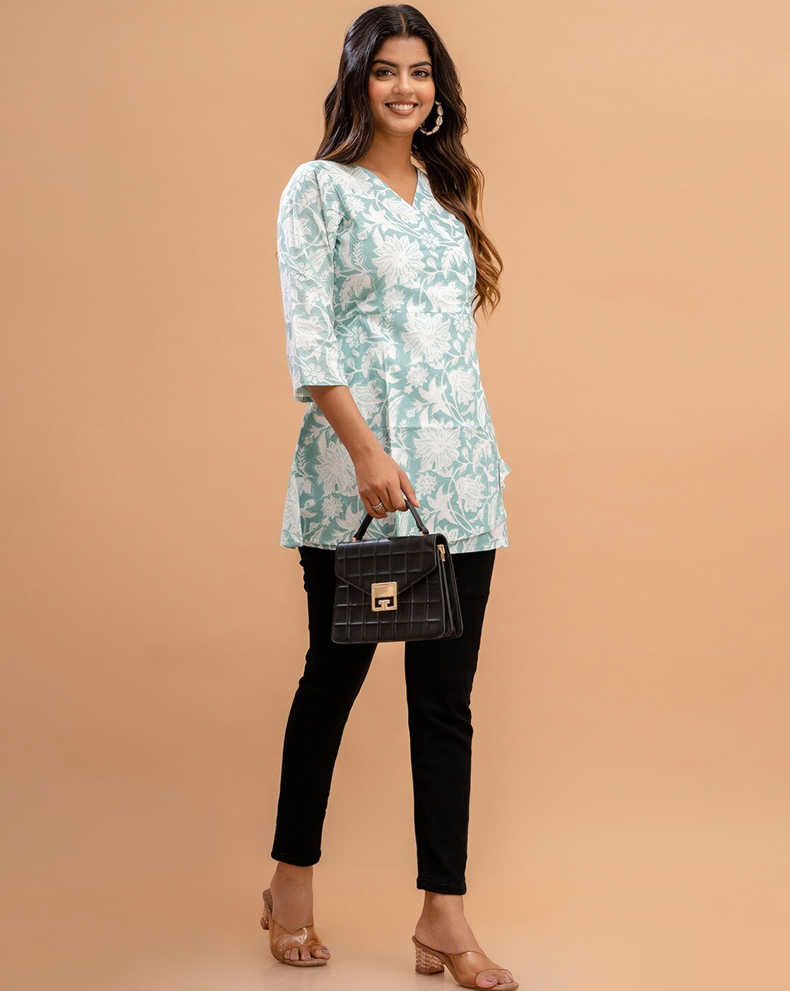 LIVING ROOTS Pure Cotton Ethenic Casual Short Staright Kurti for Girls/Women 3/4 Sleeve (6178)