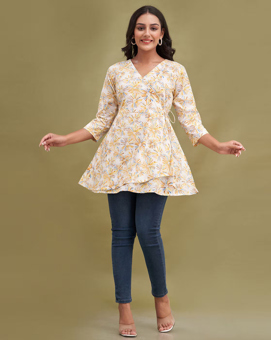 LIVING ROOTS Pure Cotton Ethenic Casual Short Staright Kurti for Girls/Women 3/4 Sleeve (6184)