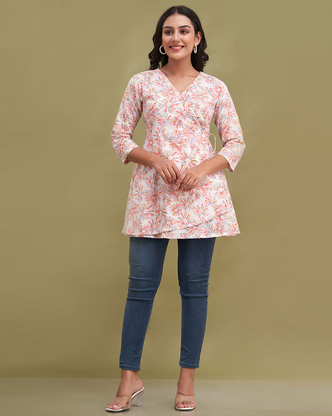 LIVING ROOTS Pure Cotton Ethenic Casual Short Staright Kurti for Girls/Women 3/4 Sleeve (6185)