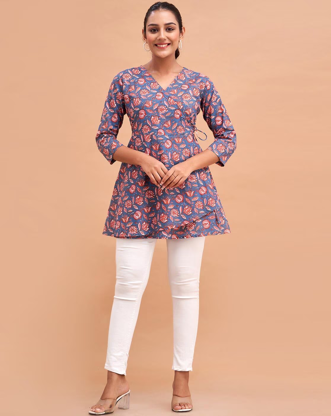 LIVING ROOTS Pure Cotton Ethenic Casual Short Staright Kurti for Girls/Women 3/4 Sleeve (6186)