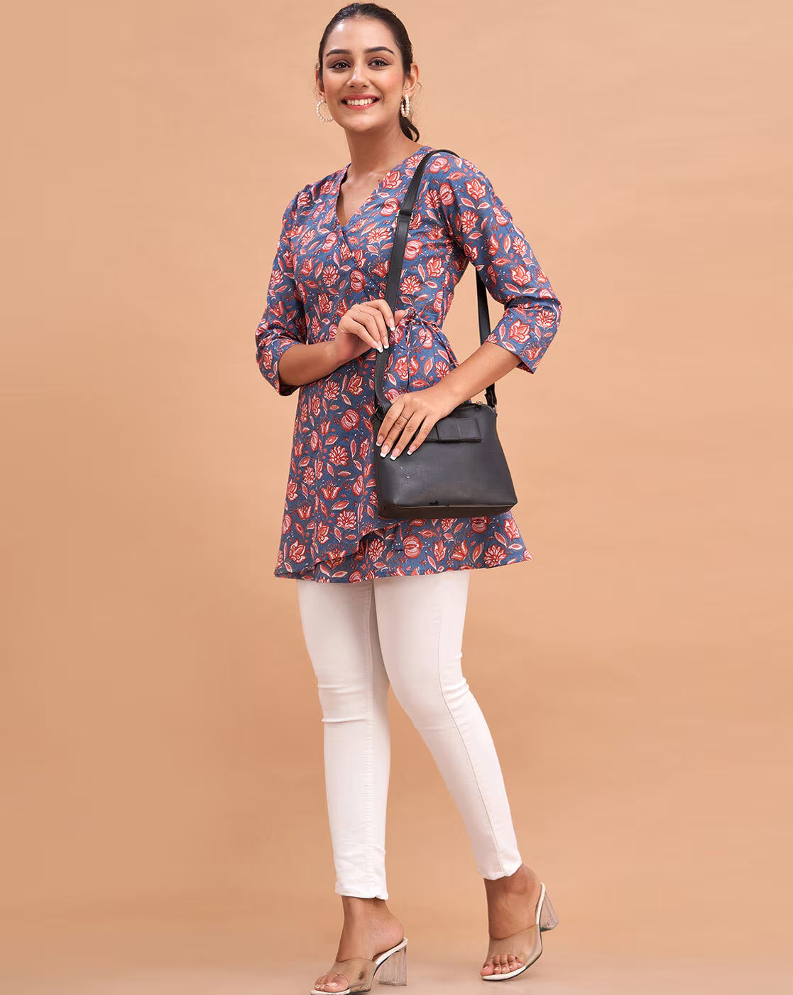 LIVING ROOTS Pure Cotton Ethenic Casual Short Staright Kurti for Girls/Women 3/4 Sleeve (6186)