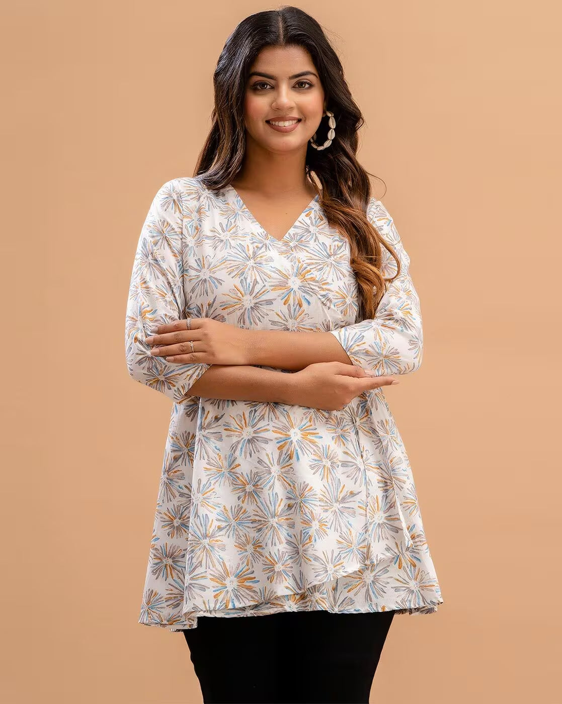 LIVING ROOTS Pure Cotton Ethenic Casual Short Staright Kurti for Girls/Women 3/4 Sleeve (6187)