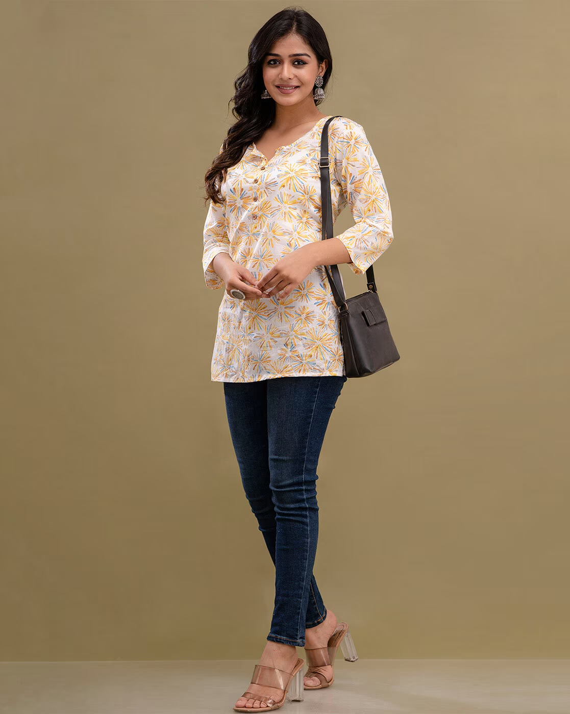 LIVING ROOTS Pure Cotton Ethenic Casual Short Staright Kurti for Girls/Women 3/4 Sleeve (6201)