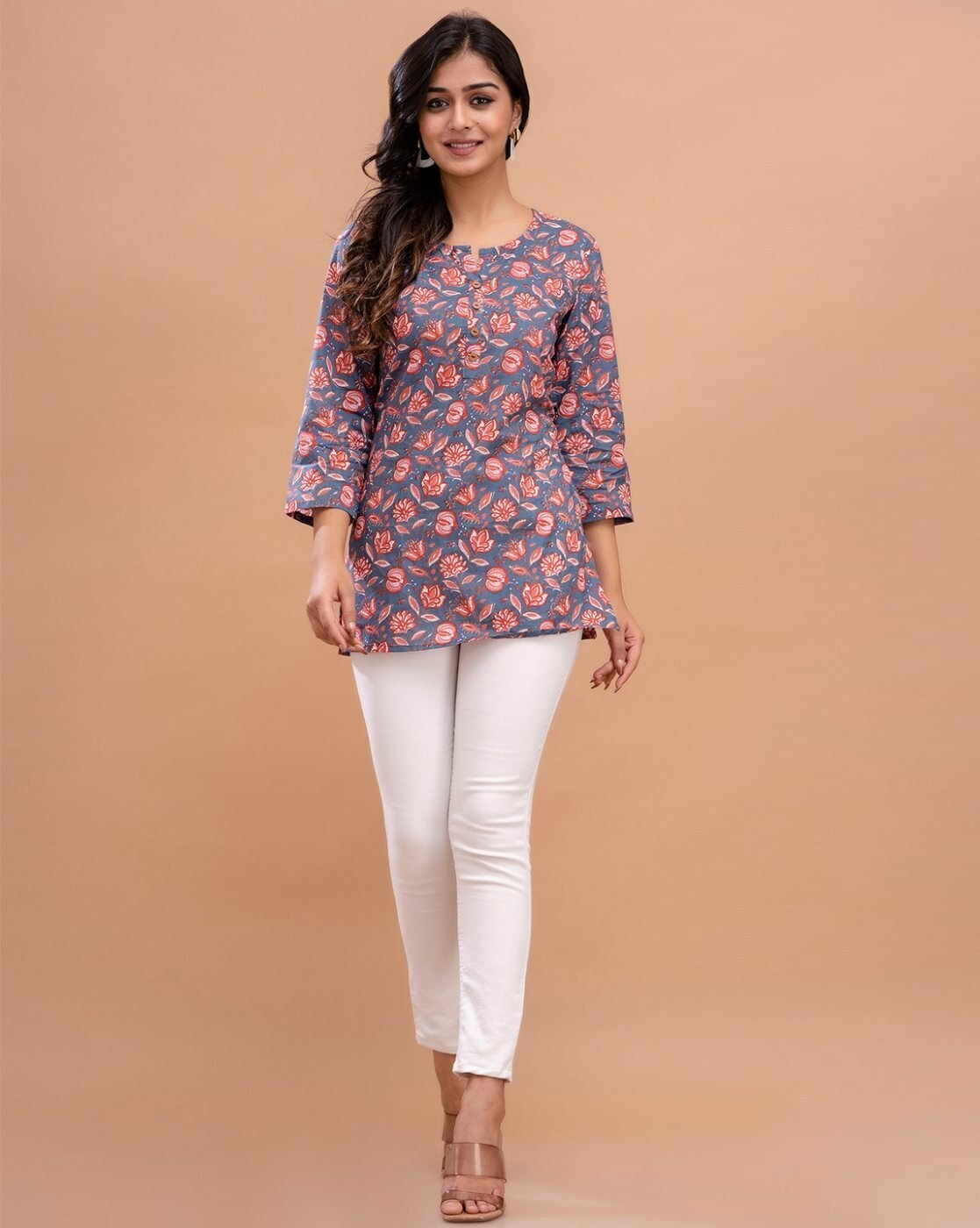 LIVING ROOTS Pure Cotton Ethenic Casual Short Staright Kurti for Girls/Women 3/4 Sleeve (6202)