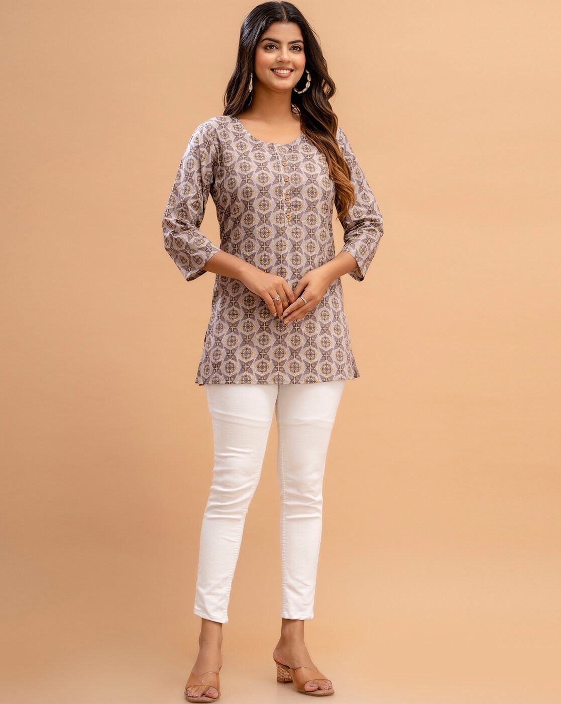 LIVING ROOTS Pure Cotton Ethenic Casual Short Staright Kurti for Girls/Women 3/4 Sleeve (6209)