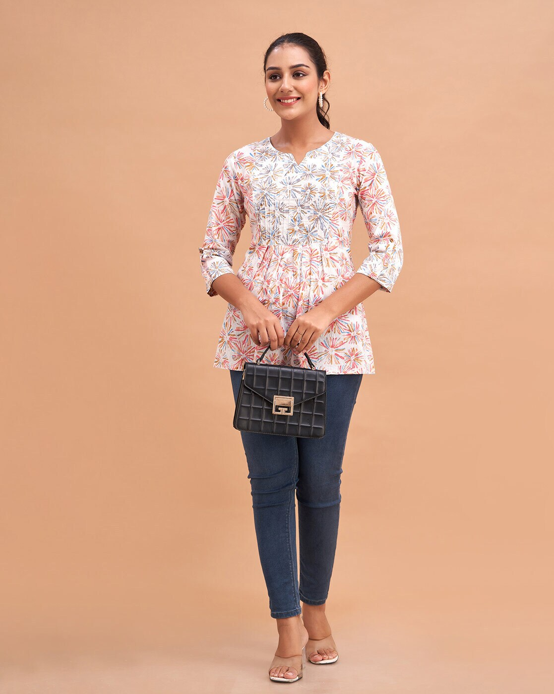 LIVING ROOTS Pure Cotton Ethenic Casual Short Staright Kurti for Girls/Women 3/4 Sleeve (6218)