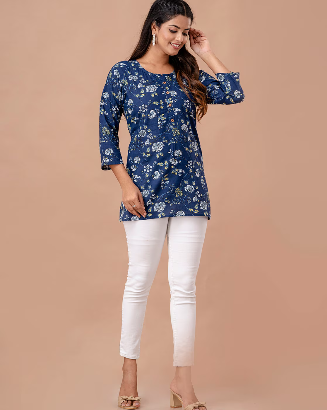 LIVING ROOTS Pure Cotton Ethenic Casual Short Staright Kurti for Girls/Women 3/4 Sleeve (6301)