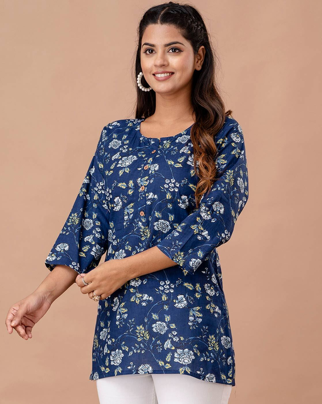 LIVING ROOTS Pure Cotton Ethenic Casual Short Staright Kurti for Girls/Women 3/4 Sleeve (6301)
