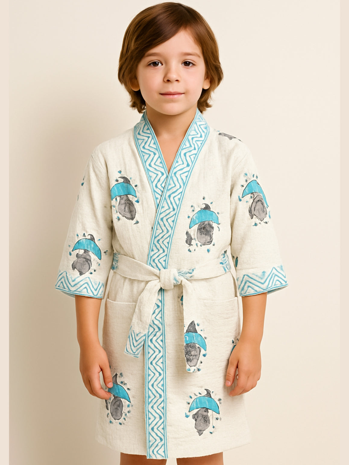 Handblock Printed Cotton Waffle Unisex Kids Bathrobe - Free Size (Set Of 1) (002-KIDS)