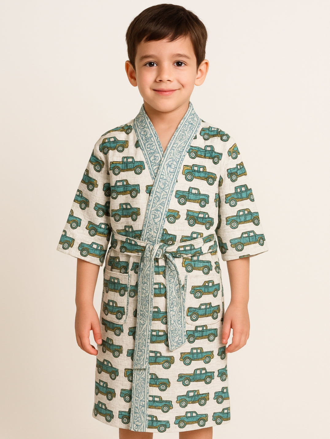 Handblock Printed Cotton Waffle Unisex Kids Bathrobe - Free Size (Set Of 1) (004-KIDS)