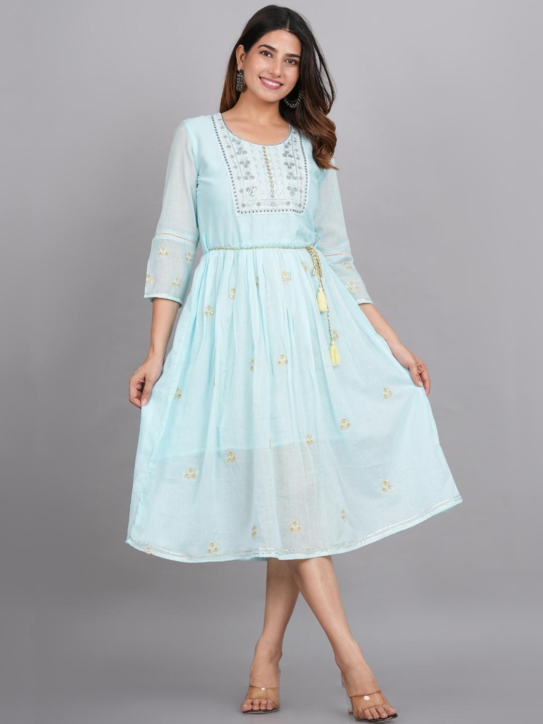 LIVING ROOTS Women Sky Blue- Motifs Embroidered Pure Cotton One Piece (W-1PC-003-M)