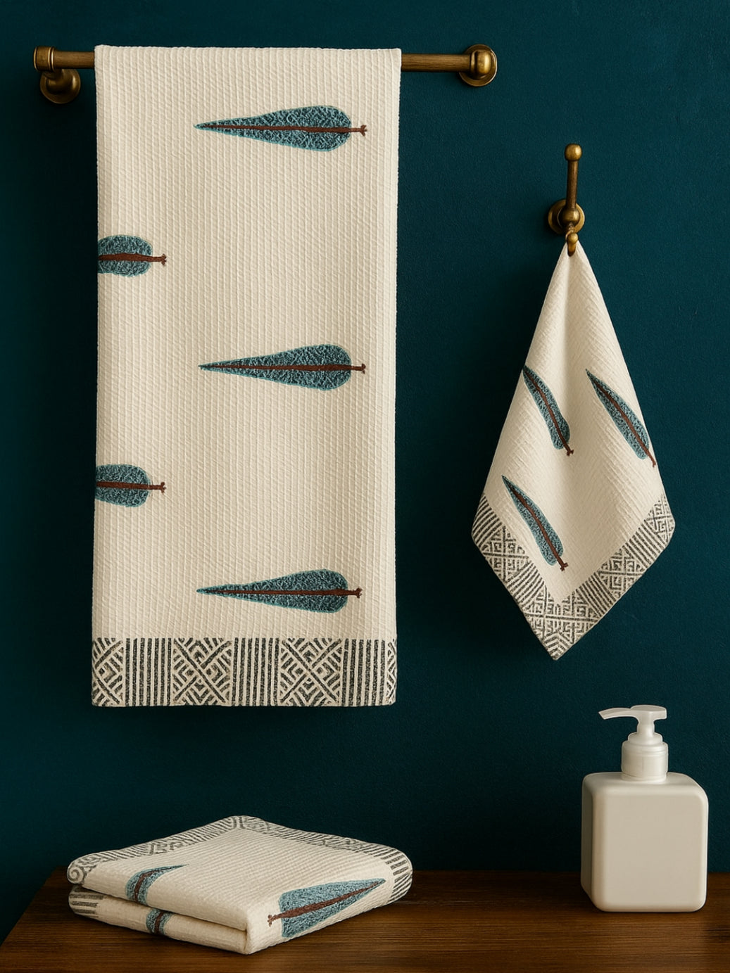 LIVING ROOTS Hand Block Printed 3 Pcs ( 1 Bath Towel & 2 Hand Towel ) Waffle Cotton Soft & Absorbent | 210 GSM | White | ( BATH1PC-001-HAND2PC-05 )