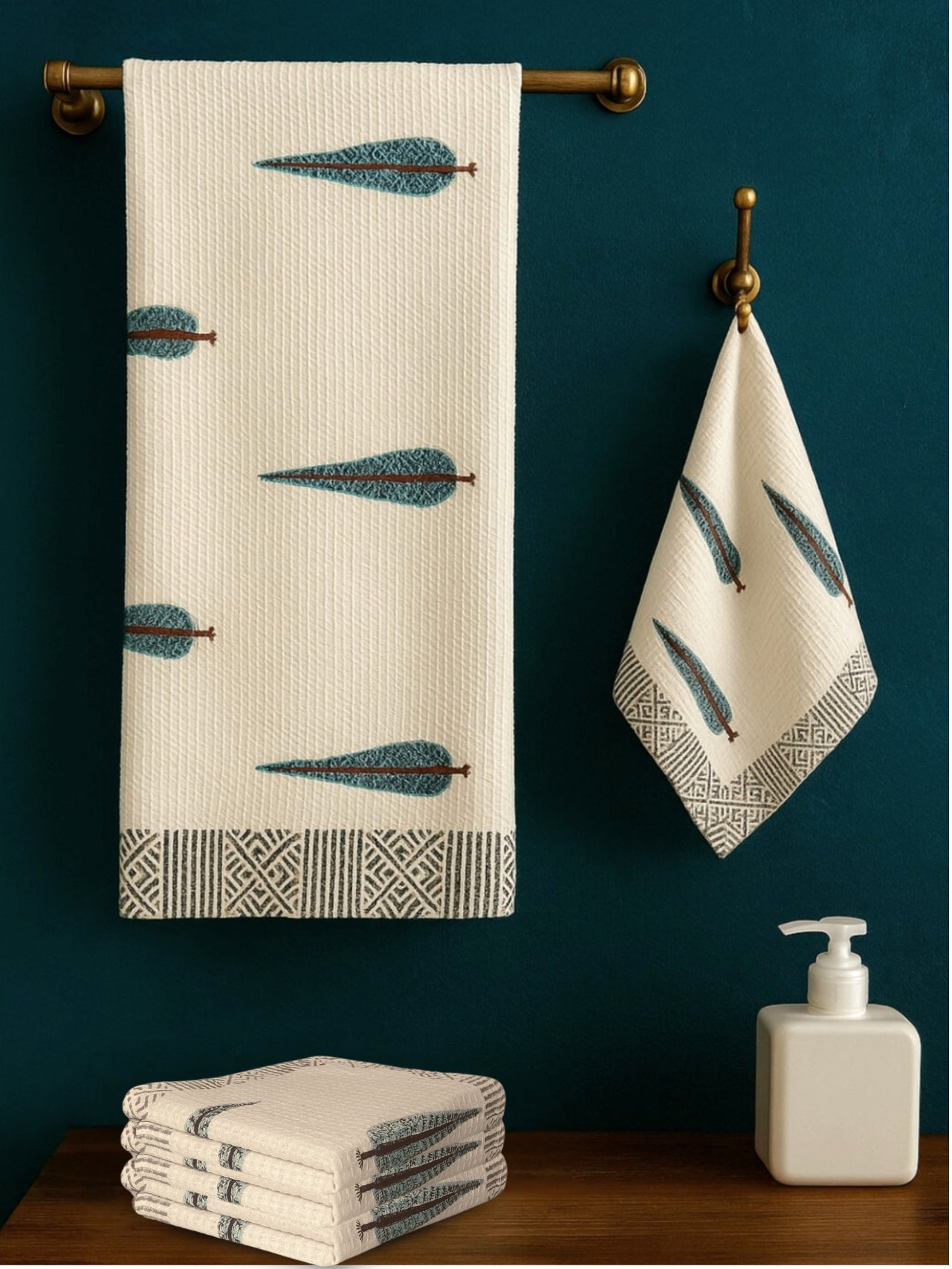 LIVING ROOTS Hand Block Printed 5 Pcs ( 1 Bath Towel & 4 Hand Towel ) Waffle Cotton Soft & Absorbent | 210 GSM | White | ( BATH1PC-001-HAND4PC-05 )