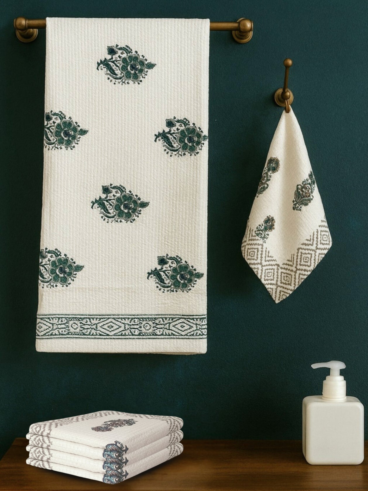 LIVING ROOTS Hand Block Printed 5 Pcs ( 1 Bath Towel & 4 Hand Towel ) Waffle Cotton Soft & Absorbent | 210 GSM | White | ( BATH1PC-002-HAND4PC-03 )