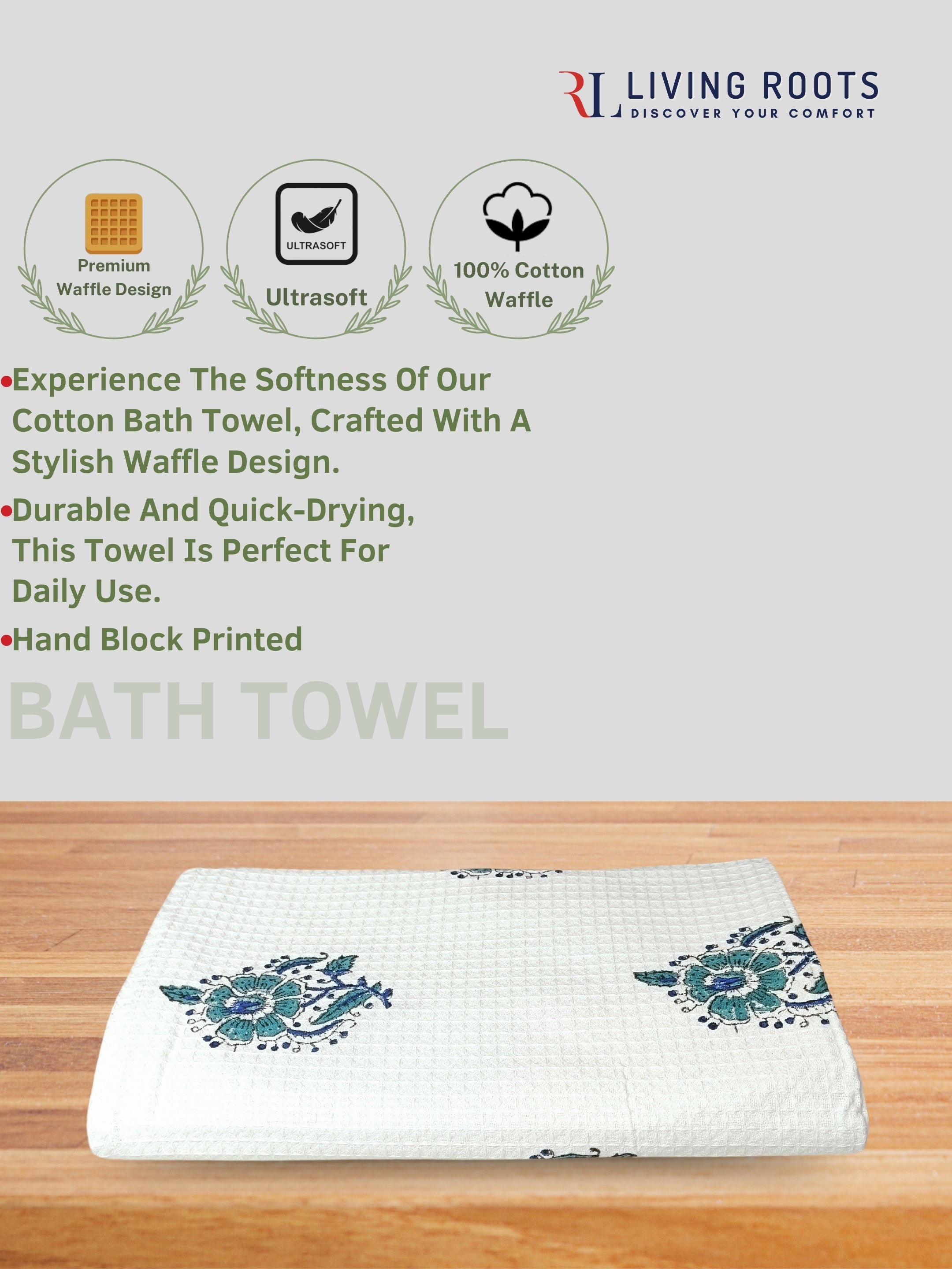 LIVING ROOTS Hand Block Printed 5 Pcs ( 1 Bath Towel & 4 Hand Towel ) Waffle Cotton Soft & Absorbent | 210 GSM | White | ( BATH1PC-002-HAND4PC-03 )