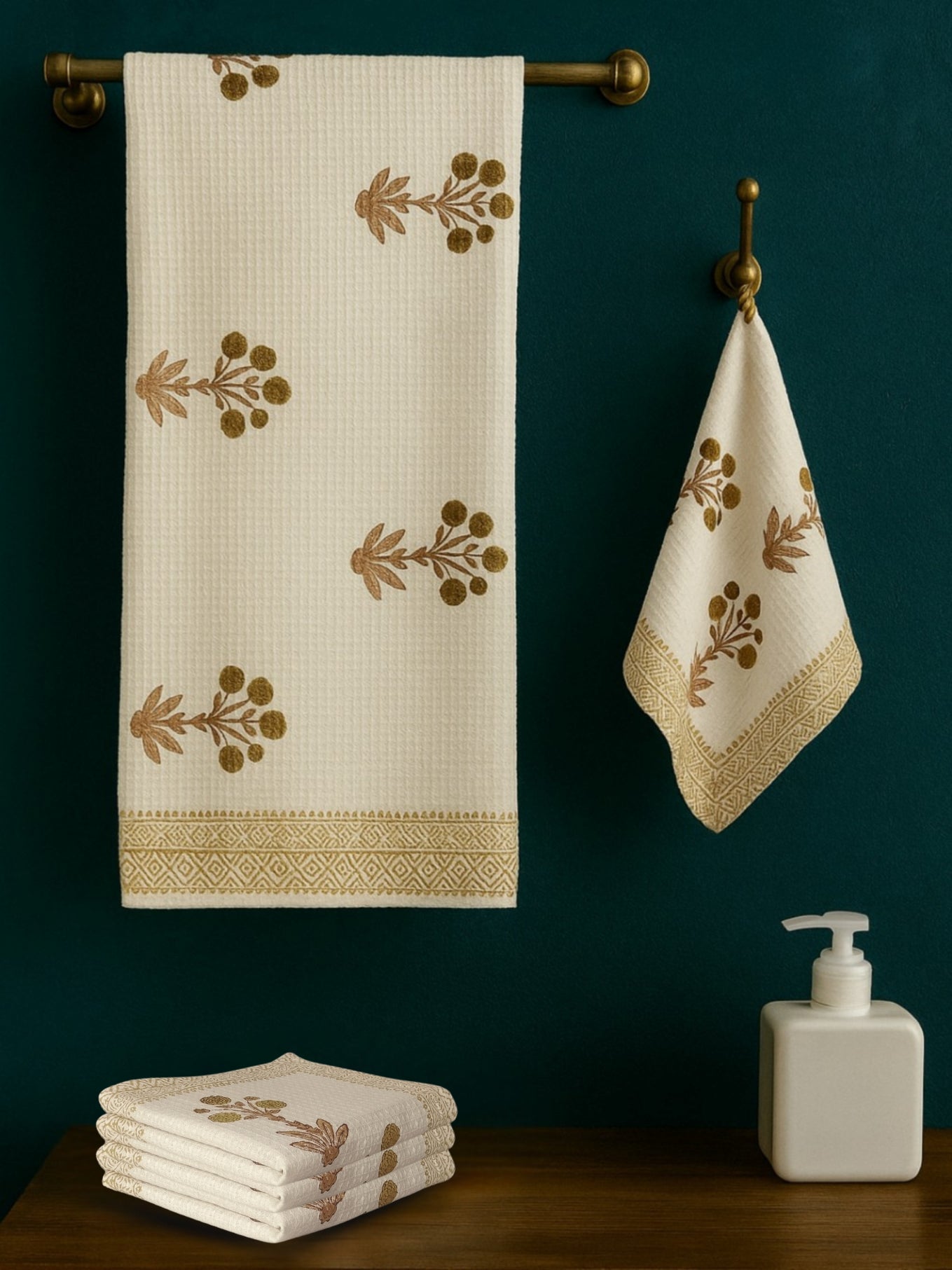 LIVING ROOTS Hand Block Printed 5 Pcs ( 1 Bath Towel & 4 Hand Towel ) Waffle Cotton Soft & Absorbent | 210 GSM | White | ( BATH1PC-005-HAND4PC-02 )