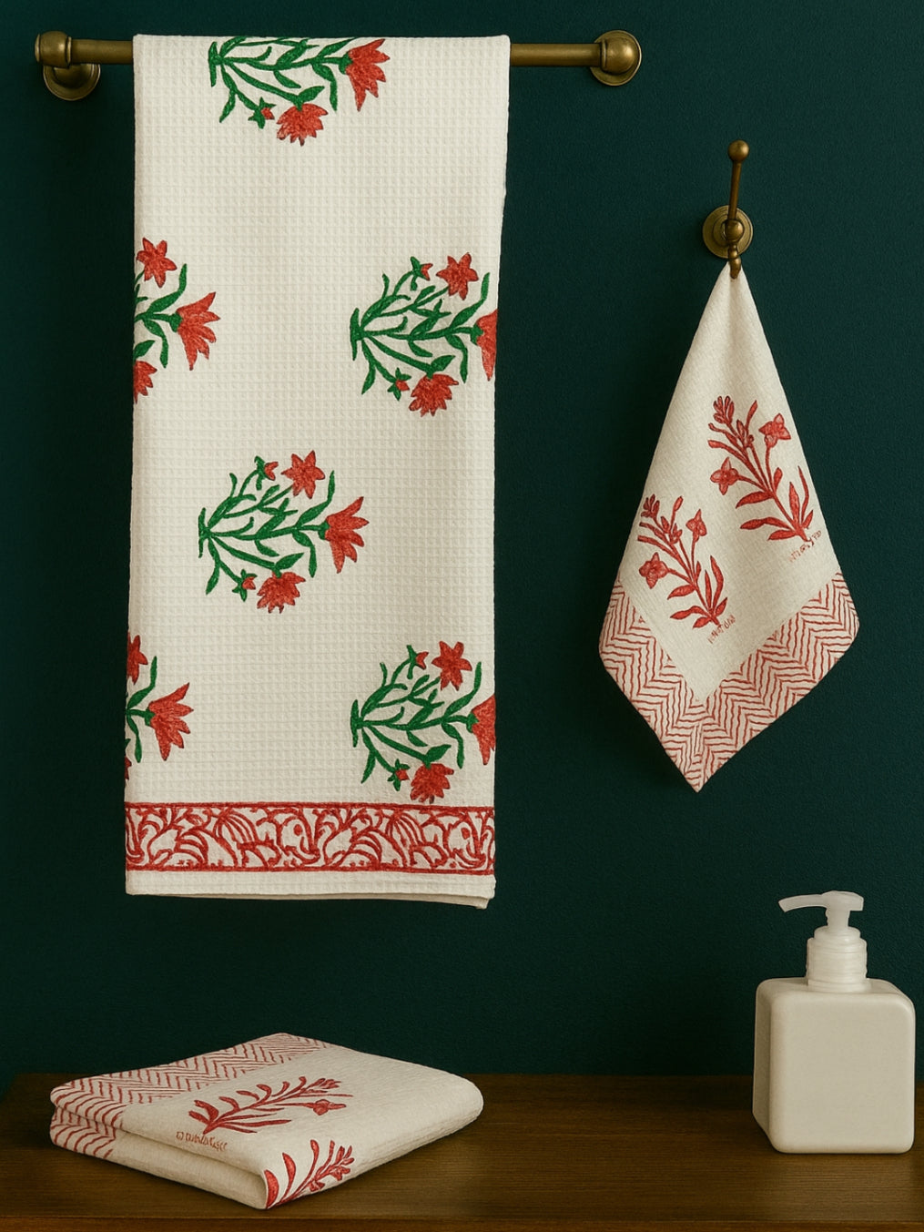 LIVING ROOTS Hand Block Printed 3 Pcs ( 1 Bath Towel & 2 Hand Towel ) Waffle Cotton Soft & Absorbent | 210 GSM | White | ( BATH1PC-006-HAND2PC-01 )