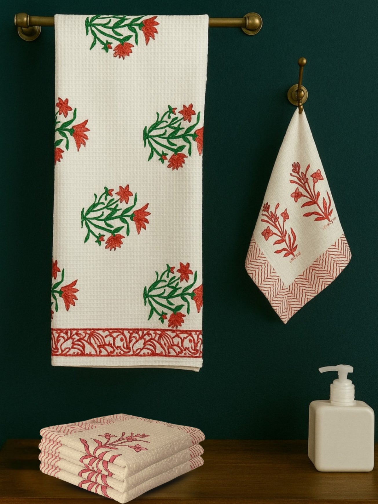 LIVING ROOTS Hand Block Printed 5 Pcs ( 1 Bath Towel & 4 Hand Towel ) Waffle Cotton Soft & Absorbent | 210 GSM | White | ( BATH1PC-006-HAND4PC-01 )