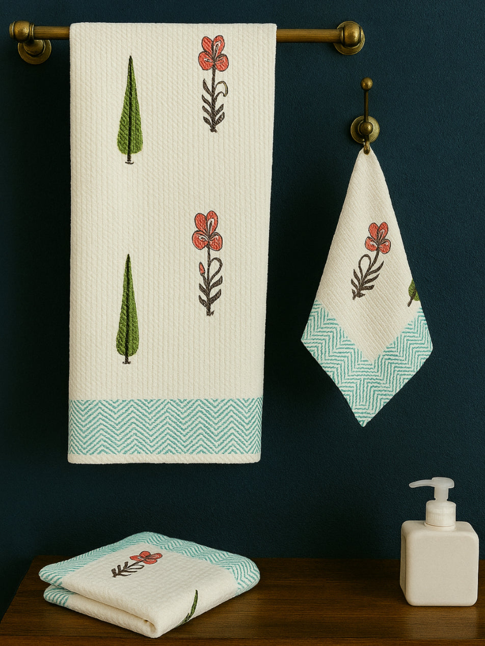 LIVING ROOTS Hand Block Printed 3 Pcs ( 1 Bath Towel & 2 Hand Towel ) Waffle Cotton Soft & Absorbent | 210 GSM | Pink | ( BATH1PC-012-HAND2PC-12 )