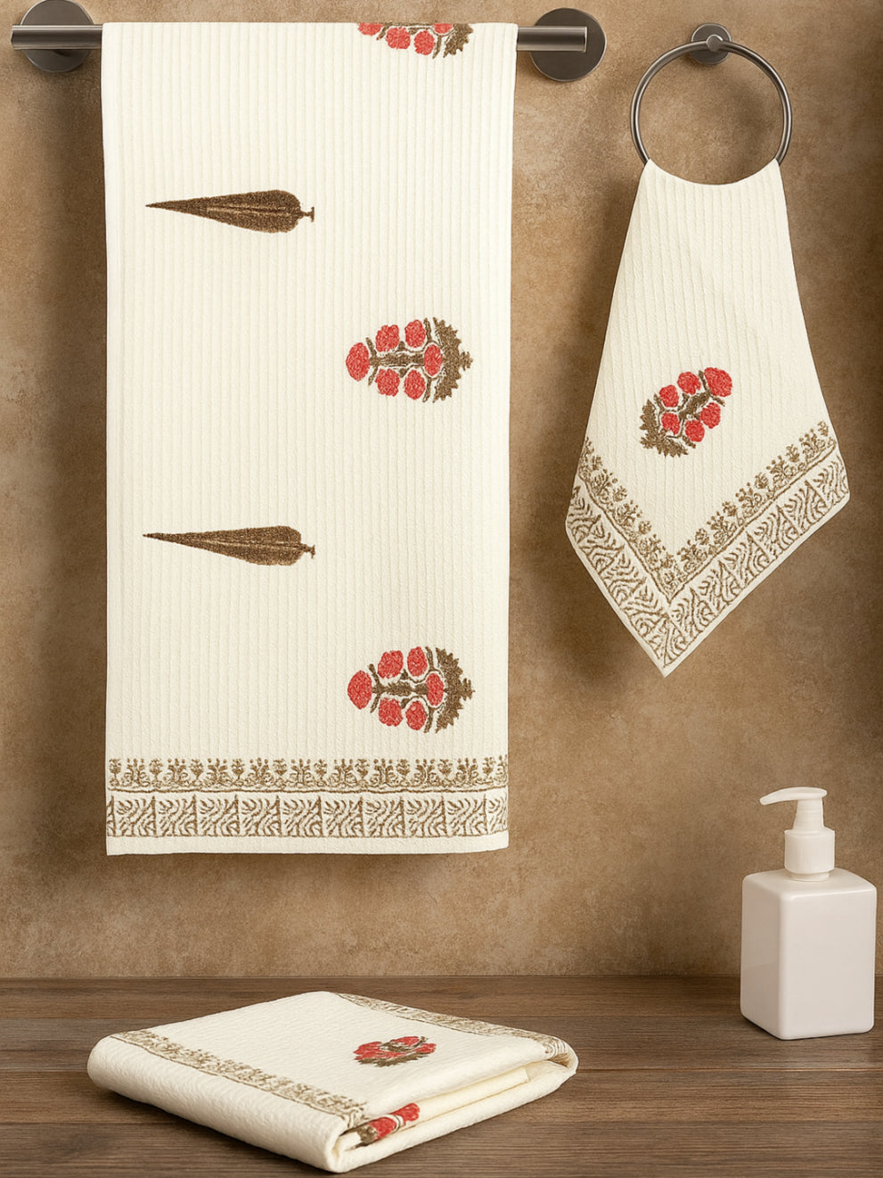 LIVING ROOTS Hand Block Printed 3 Pcs ( 1 Bath Towel & 2 Hand Towel ) Waffle Cotton Soft & Absorbent | 210 GSM | White | ( BATH1PC-013-HAND2PC-13 )