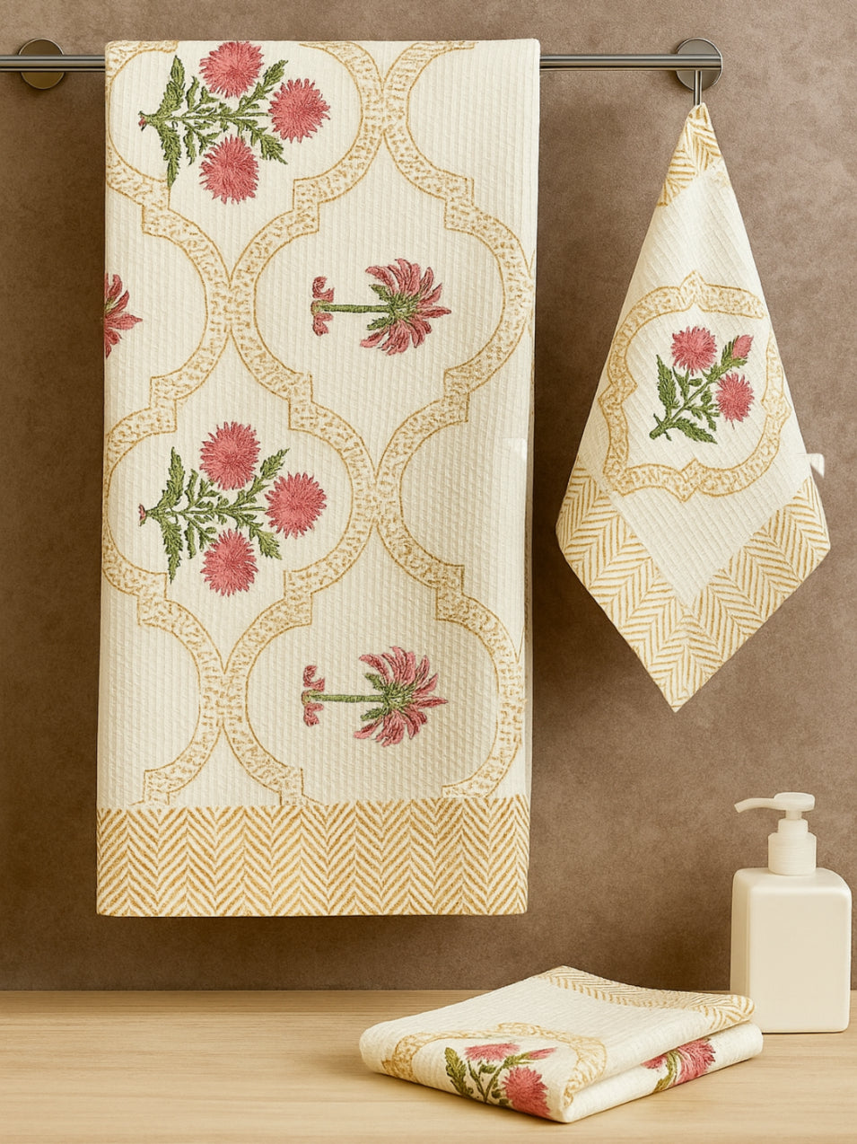 LIVING ROOTS Hand Block Printed 3 Pcs ( 1 Bath Towel & 2 Hand Towel ) Waffle Cotton Soft & Absorbent | 210 GSM | Pink | ( BATH1PC-014-HAND2PC-14 )