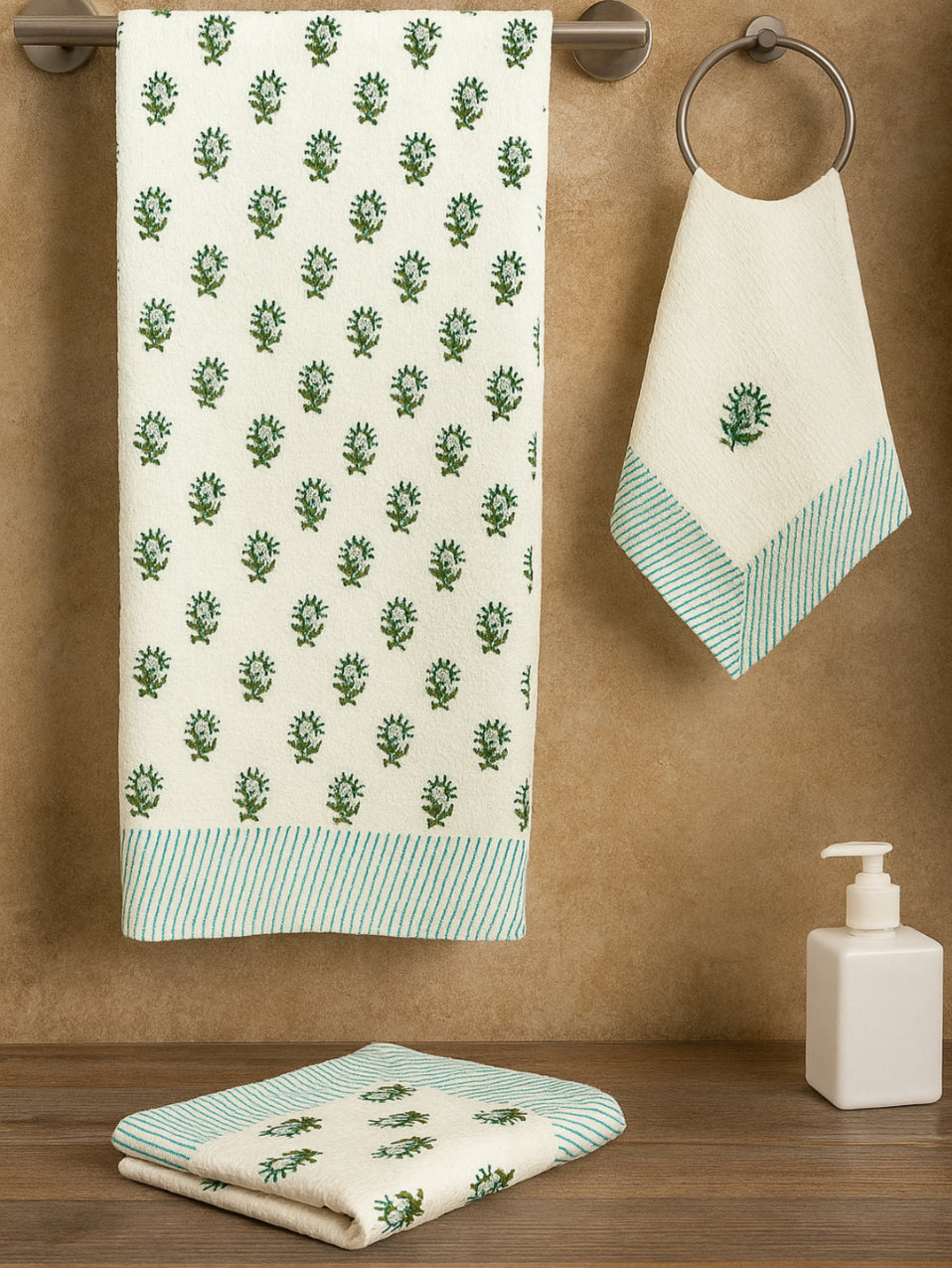 LIVING ROOTS Hand Block Printed 3 Pcs ( 1 Bath Towel & 2 Hand Towel ) Waffle Cotton Soft & Absorbent | 210 GSM | Green | ( BATH1PC-015-HAND2PC-15 )