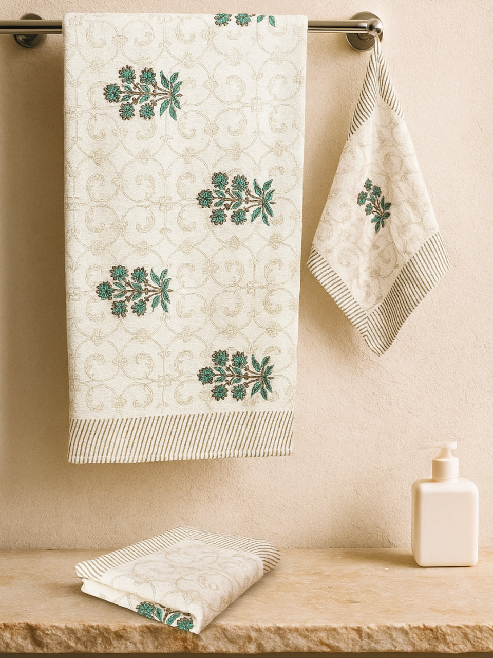 LIVING ROOTS Hand Block Printed 3 Pcs ( 1 Bath Towel & 2 Hand Towel ) Waffle Cotton Soft & Absorbent | 210 GSM | Green | ( BATH1PC-016-HAND2PC-16 )