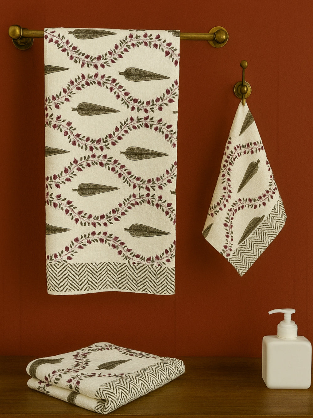 LIVING ROOTS Hand Block Printed 3 Pcs ( 1 Bath Towel & 2 Hand Towel ) Waffle Cotton Soft & Absorbent | 210 GSM | Grey | ( BATH1PC-017-HAND2PC-17 )