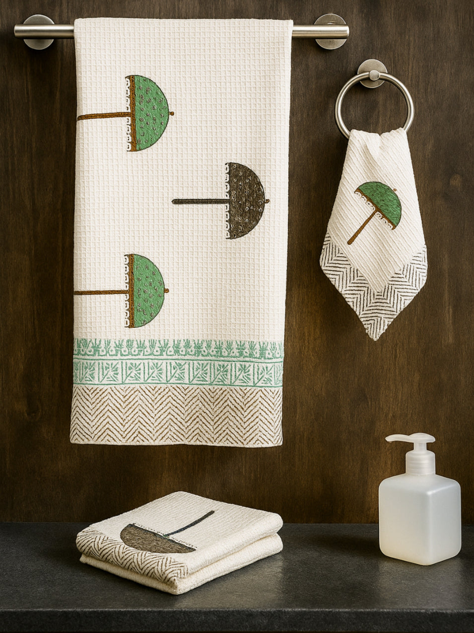 LIVING ROOTS Hand Block Printed 3 Pcs ( 1 Bath Towel & 2 Hand Towel ) Waffle Cotton Soft & Absorbent | 210 GSM | Green | ( BATH1PC-018-HAND2PC-18 )