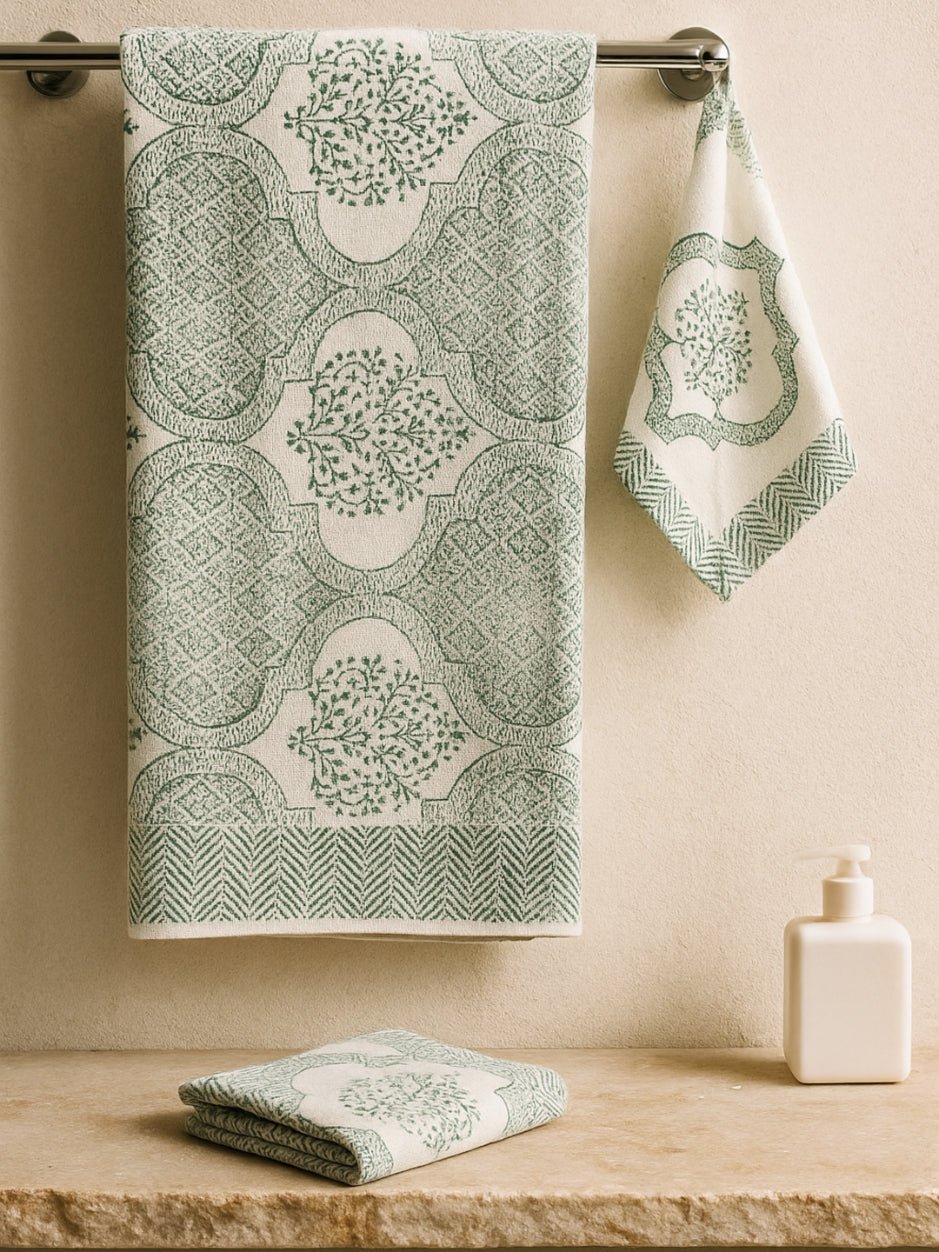 LIVING ROOTS Hand Block Printed 3 Pcs ( 1 Bath Towel & 2 Hand Towel ) Waffle Cotton Soft & Absorbent | 210 GSM | Green | ( BATH1PC-019-HAND2PC-19 )