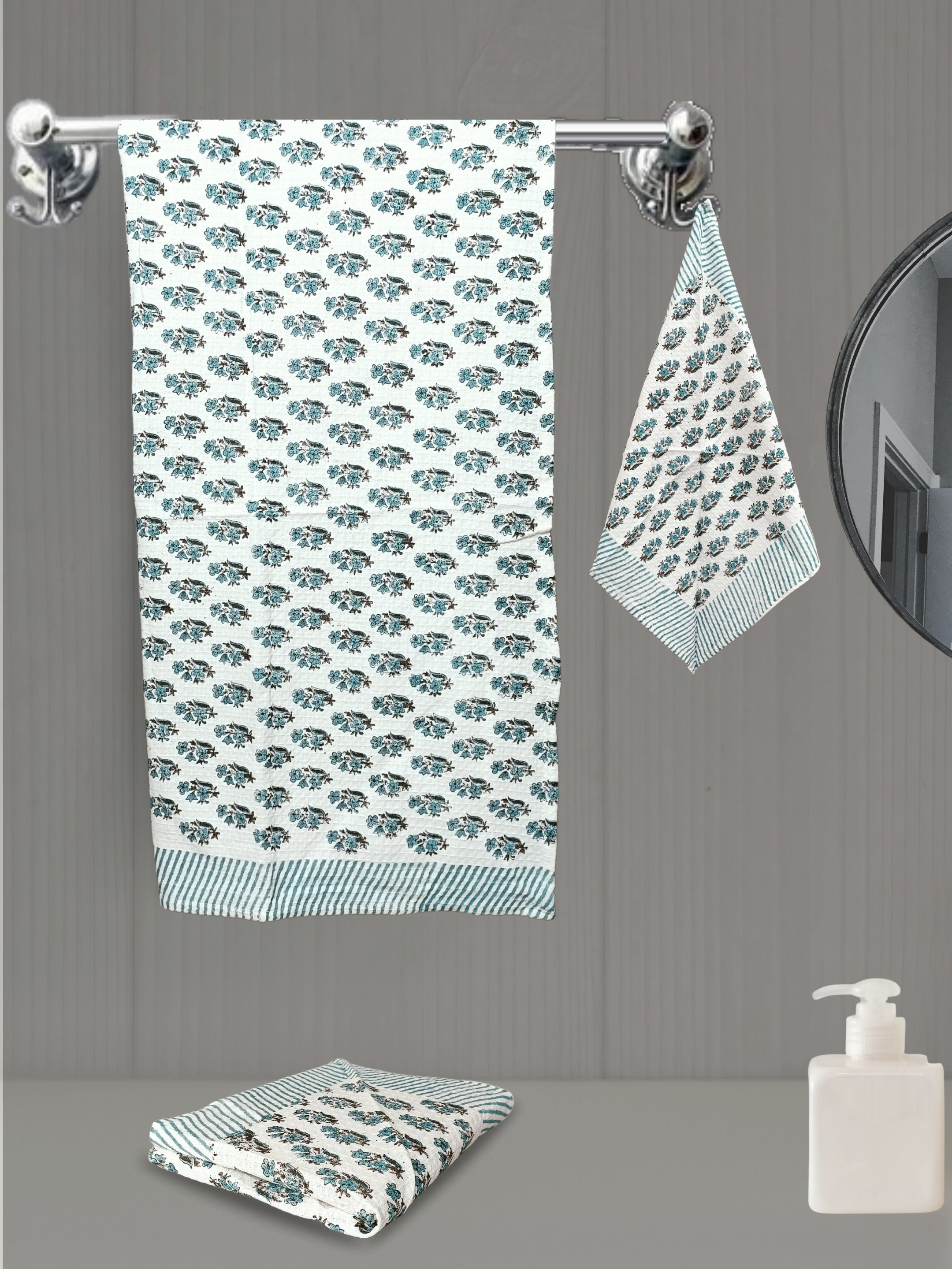 LIVING ROOTS Hand Block Printed 6 Pcs ( 2 Bath Towel & 4 Hand Towel ) Waffle Cotton Soft & Absorbent | 210 GSM | White | ( BATH2PC-020-HAND4PC-20 )