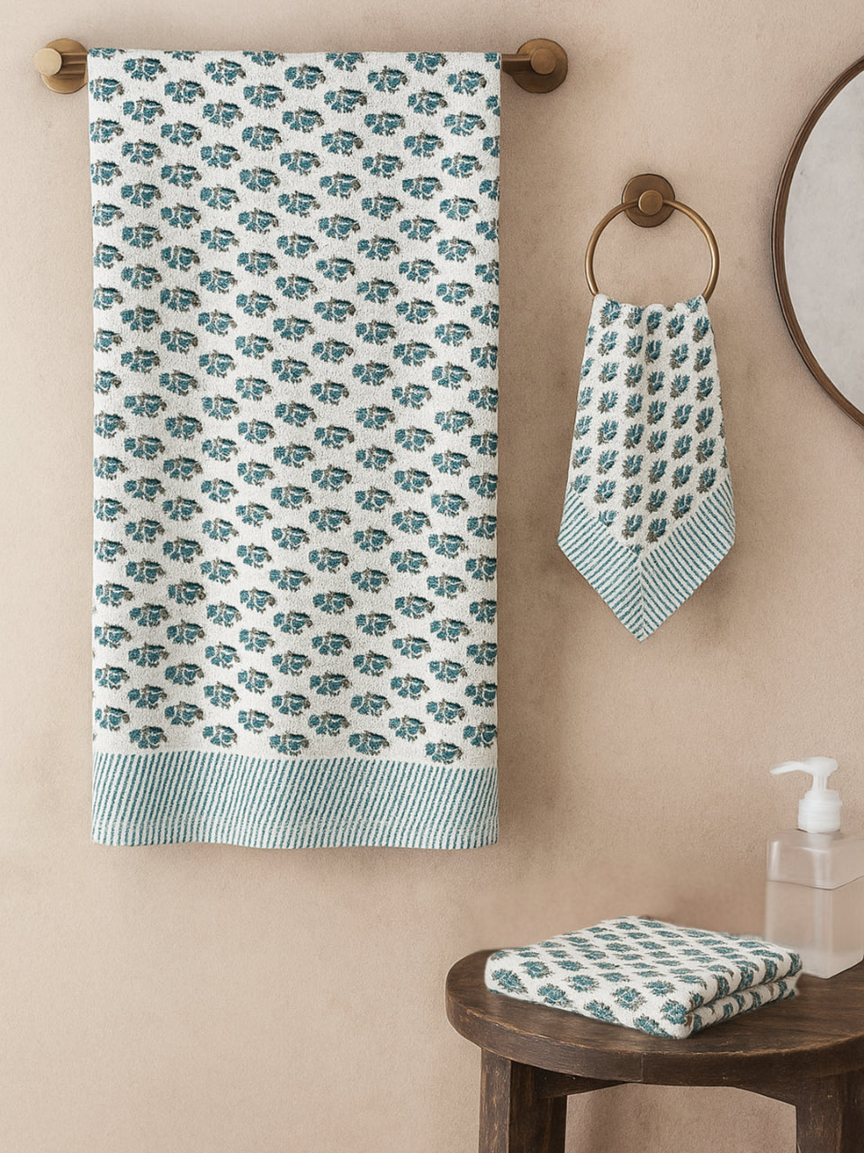LIVING ROOTS Hand Block Printed 3 Pcs ( 1 Bath Towel & 2 Hand Towel ) Waffle Cotton Soft & Absorbent | 210 GSM | Blue | ( BATH1PC-020-HAND2PC-20 )