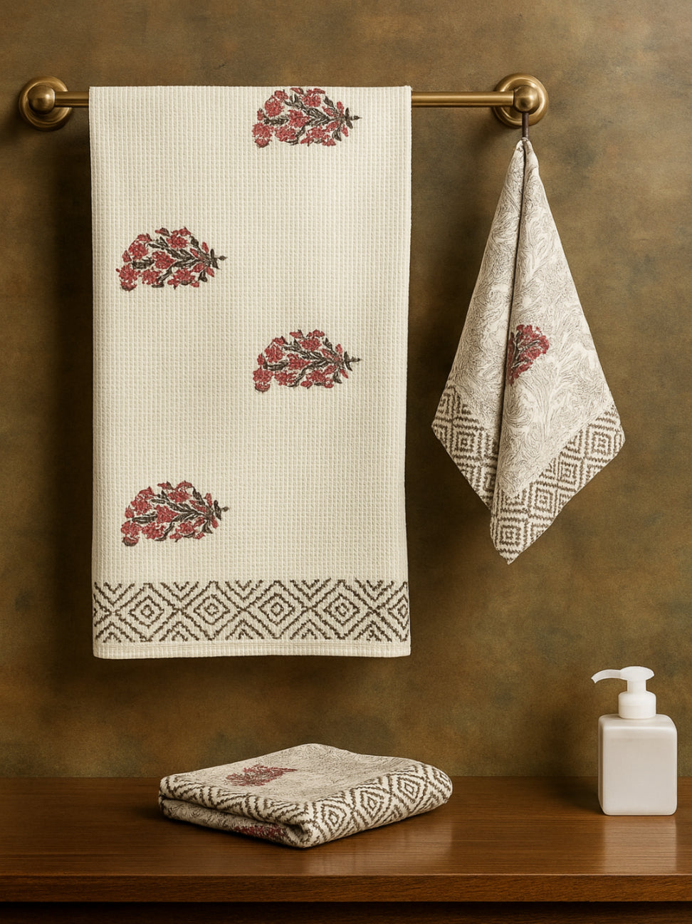 LIVING ROOTS Hand Block Printed 3 Pcs ( 1 Bath Towel & 2 Hand Towel ) Waffle Cotton Soft & Absorbent | 210 GSM | Red & White| ( BATH1PC-021-HAND2PC-21 )