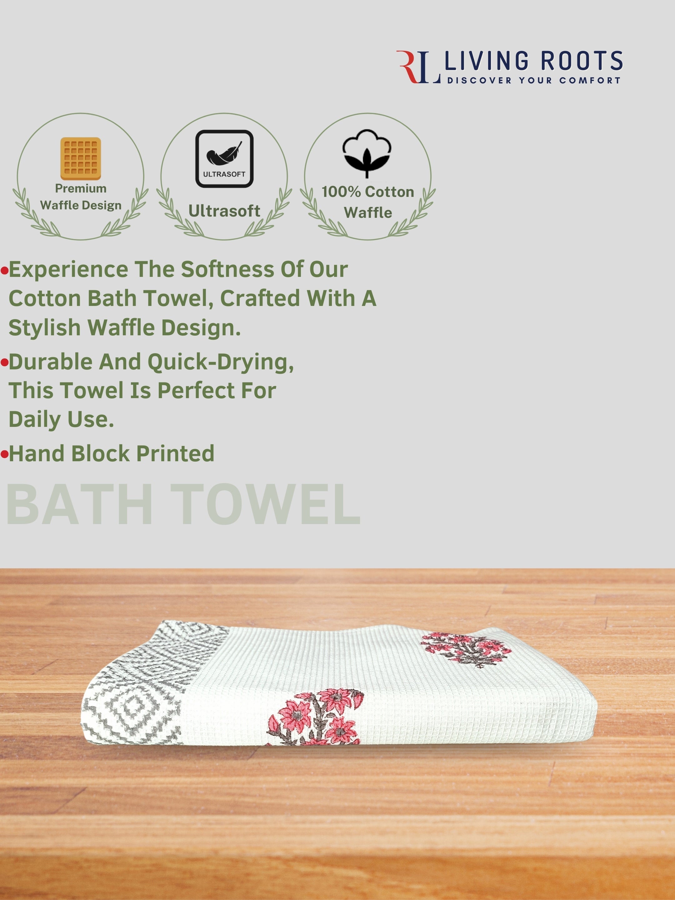 LIVING ROOTS Hand Block Printed 3 Pcs ( 1 Bath Towel & 2 Hand Towel ) Waffle Cotton Soft & Absorbent | 210 GSM | Red & White| ( BATH1PC-021-HAND2PC-21 )