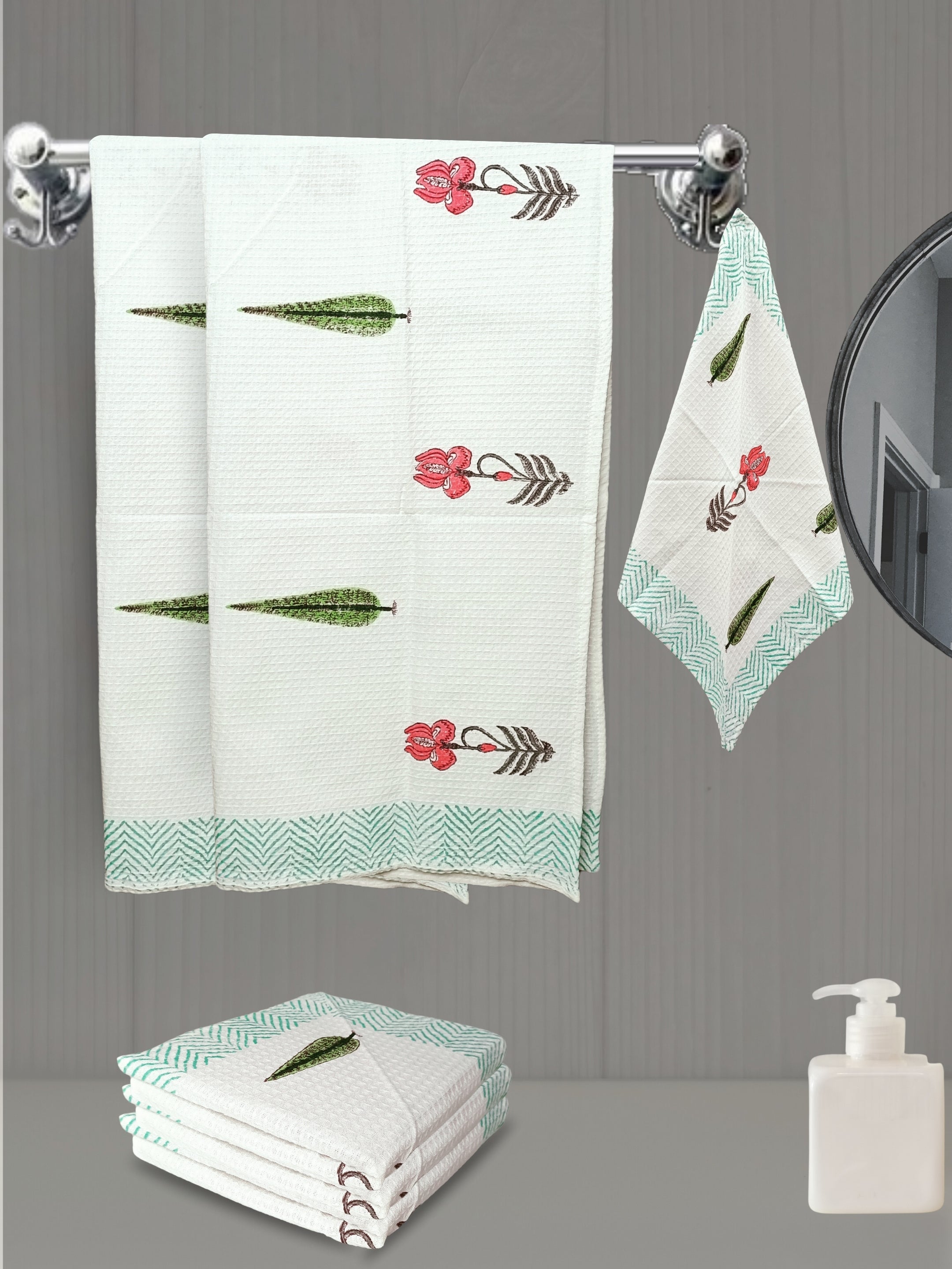 LIVING ROOTS Hand Block Printed 6 Pcs ( 2 Bath Towel & 4 Hand Towel ) Waffle Cotton Soft & Absorbent | 210 GSM | White | ( BATH2PC-012-HAND4PC-12 )