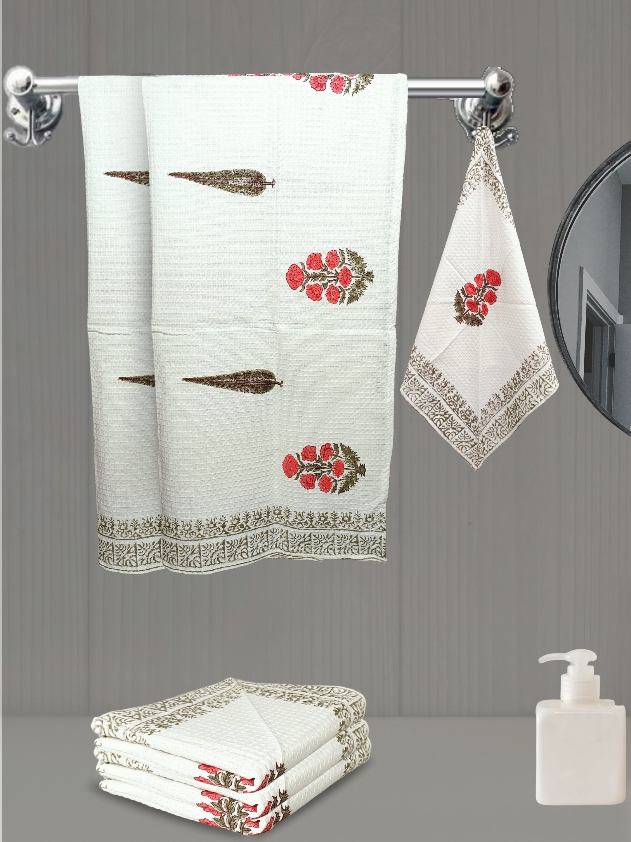 LIVING ROOTS Hand Block Printed 6 Pcs ( 2 Bath Towel & 4 Hand Towel ) Waffle Cotton Soft & Absorbent | 210 GSM | Red & White| ( BATH2PC-013-HAND4PC-13 )