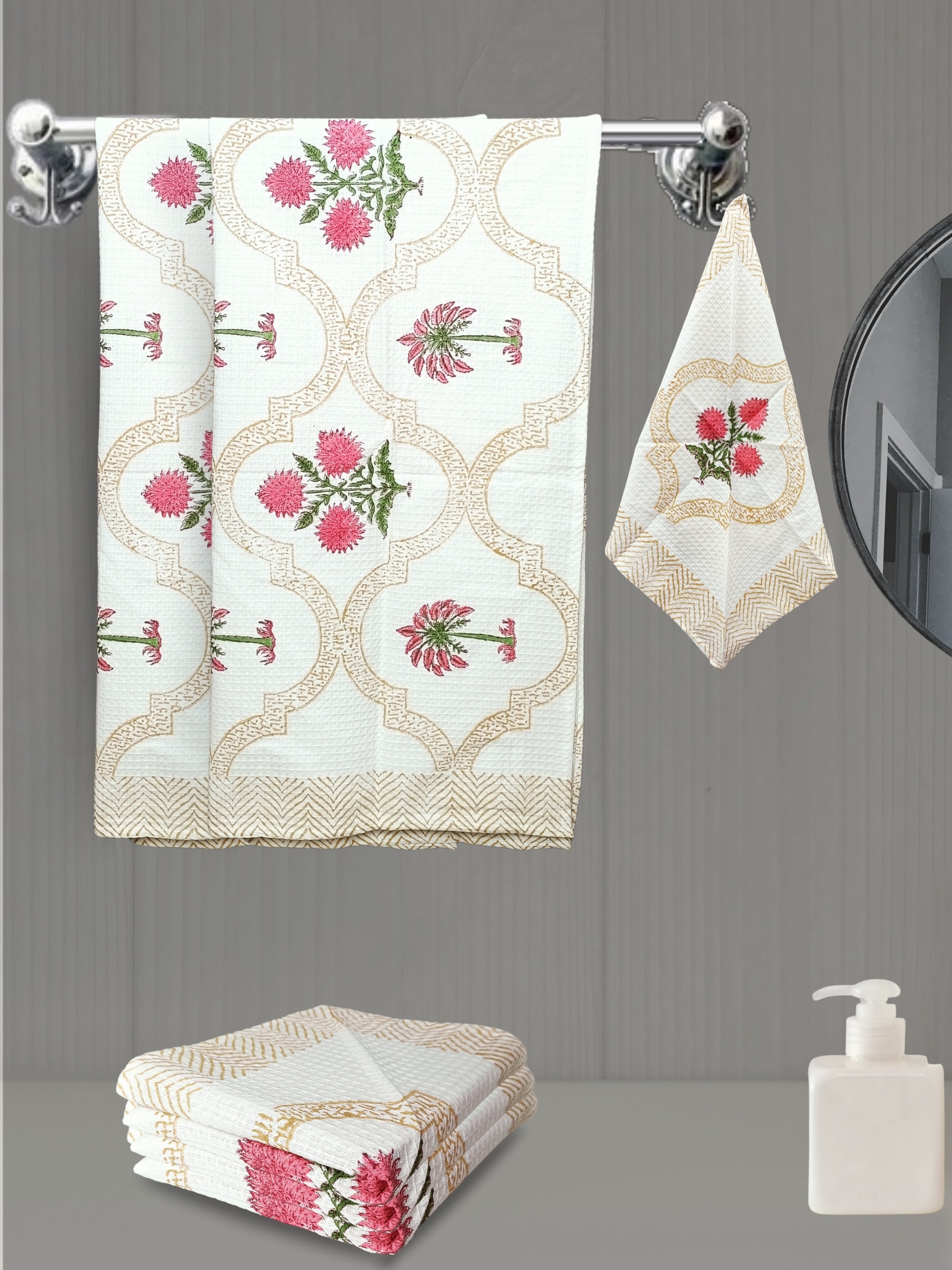 LIVING ROOTS Hand Block Printed 6 Pcs ( 2 Bath Towel & 4 Hand Towel ) Waffle Cotton Soft & Absorbent | 210 GSM | Pink | ( BATH2PC-014-HAND4PC-14 )