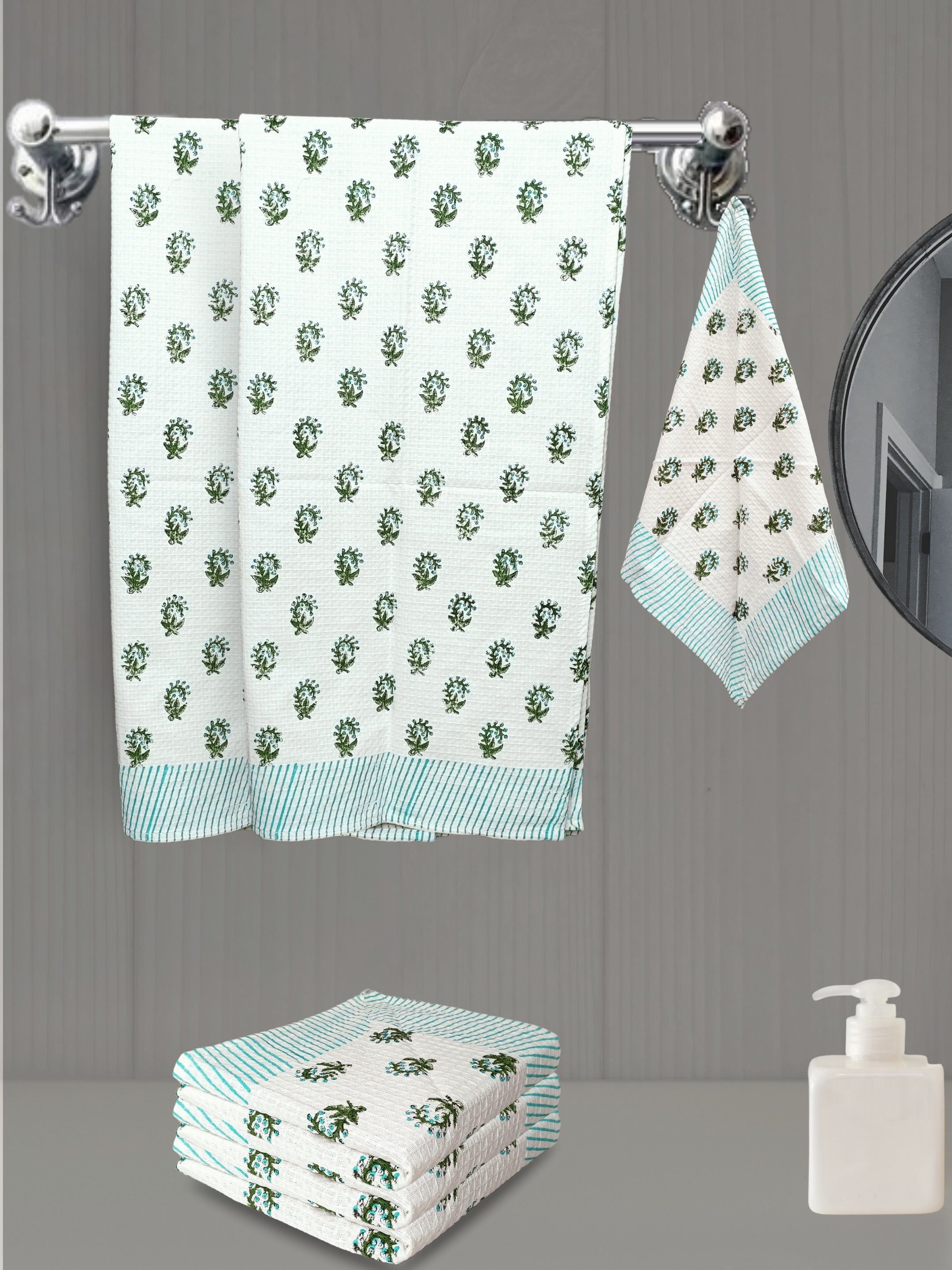 LIVING ROOTS Hand Block Printed 6 Pcs ( 2 Bath Towel & 4 Hand Towel ) Waffle Cotton Soft & Absorbent | 210 GSM | Green | ( BATH2PC-015-HAND4PC-15 )