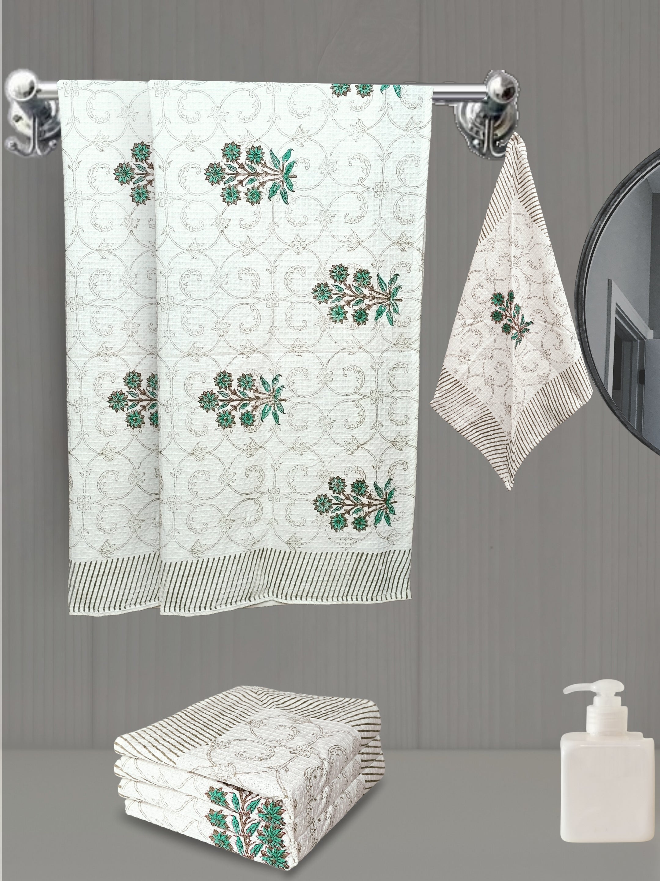 LIVING ROOTS Hand Block Printed 6 Pcs ( 2 Bath Towel & 4 Hand Towel ) Waffle Cotton Soft & Absorbent | 210 GSM | Green | ( BATH2PC-016-HAND4PC-16 )