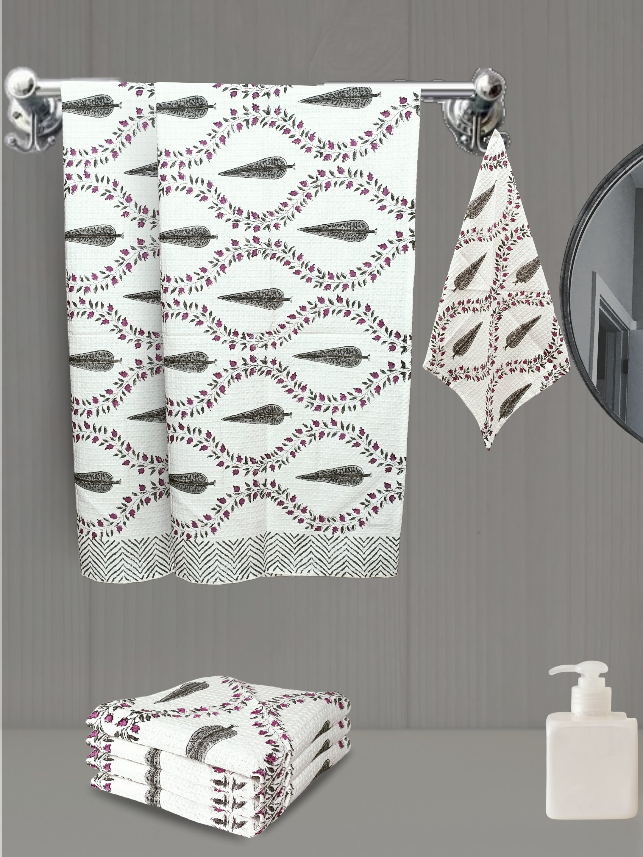 LIVING ROOTS Hand Block Printed 6 Pcs ( 2 Bath Towel & 4 Hand Towel ) Waffle Cotton Soft & Absorbent | 210 GSM | Grey | ( BATH2PC-017-HAND4PC-17 )