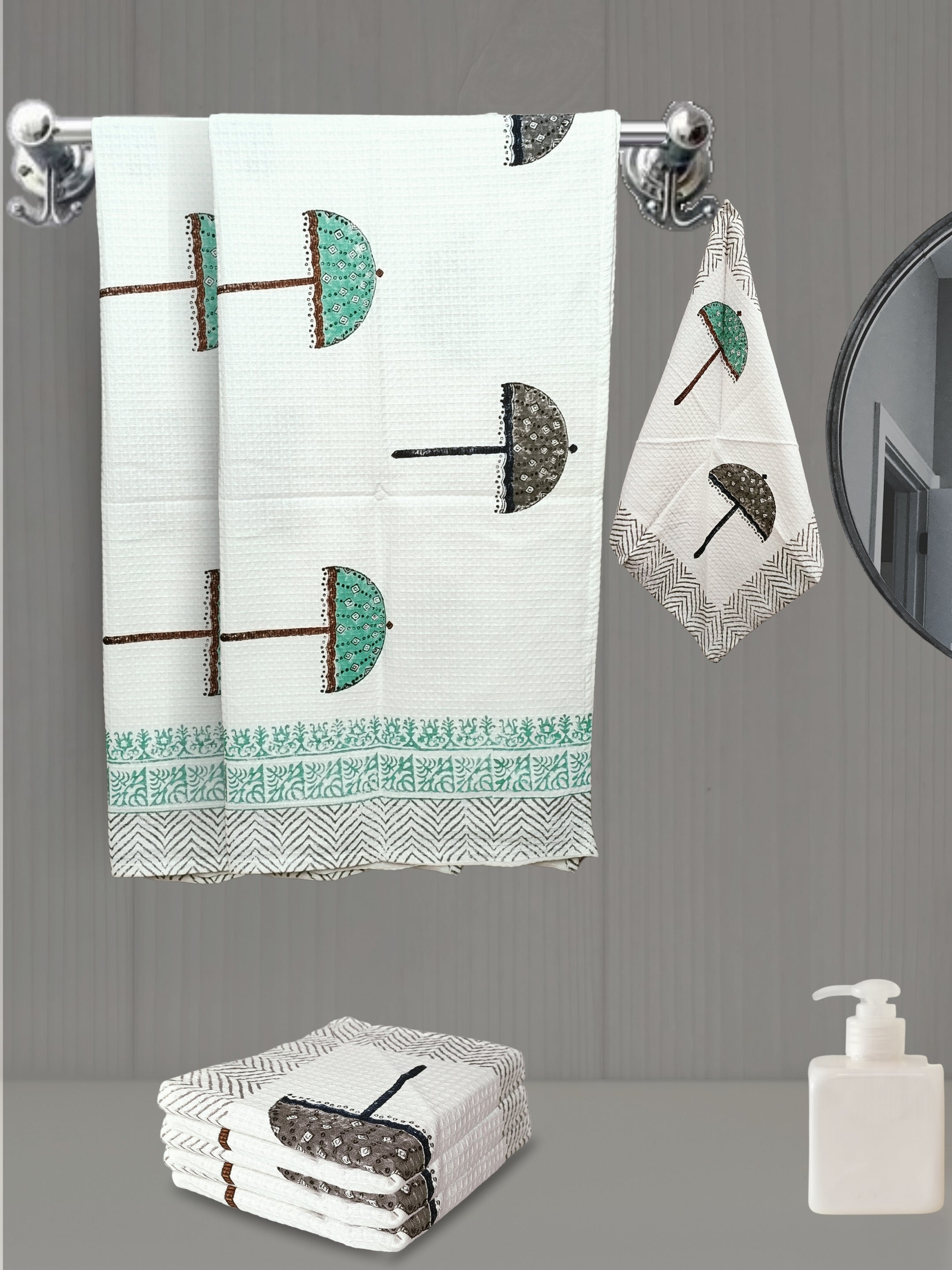 LIVING ROOTS Hand Block Printed 6 Pcs ( 2 Bath Towel & 4 Hand Towel ) Waffle Cotton Soft & Absorbent | 210 GSM | Green | ( BATH2PC-018-HAND4PC-18 )