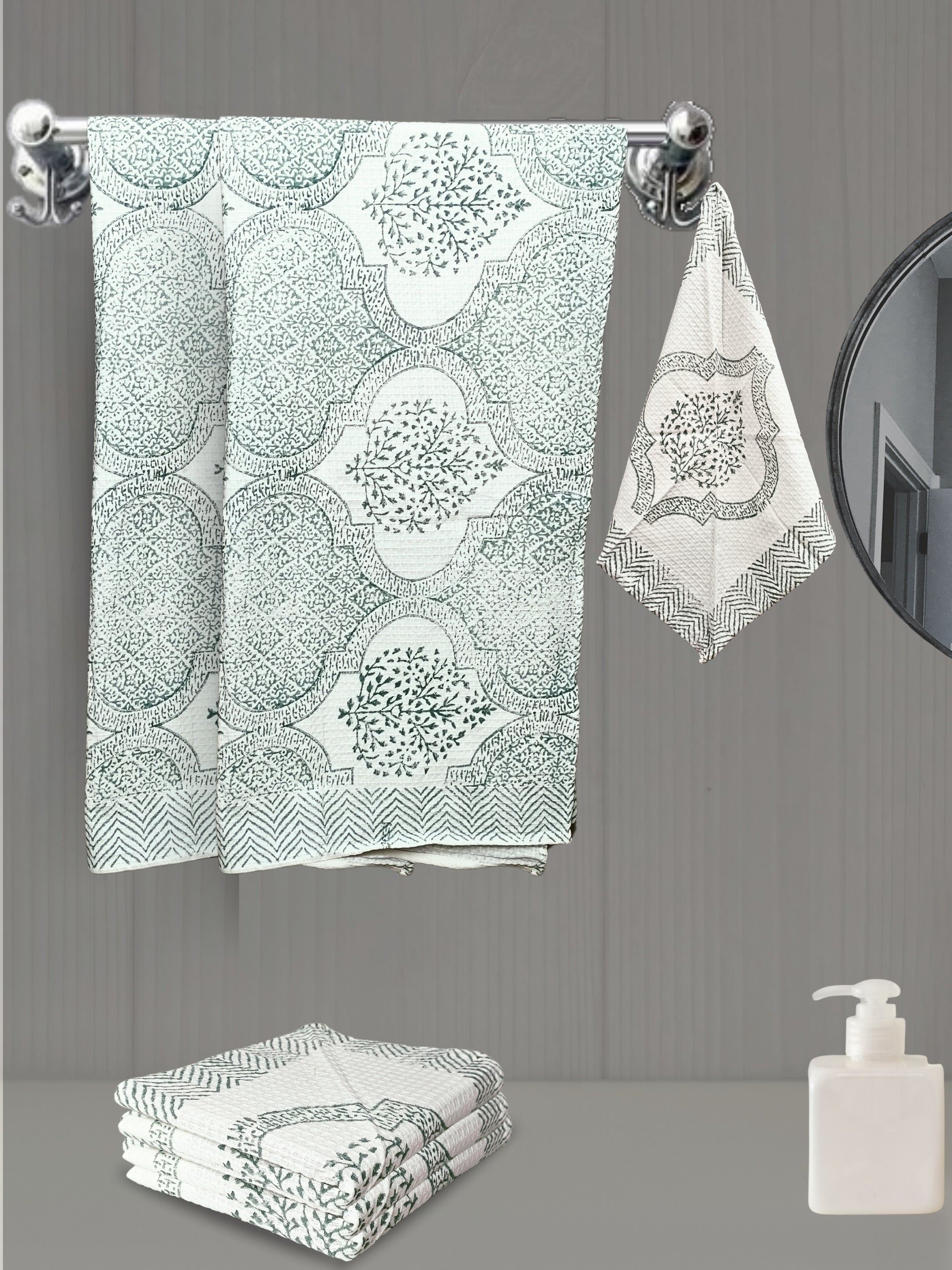 LIVING ROOTS Hand Block Printed 6 Pcs ( 2 Bath Towel & 4 Hand Towel ) Waffle Cotton Soft & Absorbent | 210 GSM | Green | ( BATH2PC-019-HAND4PC-19 )