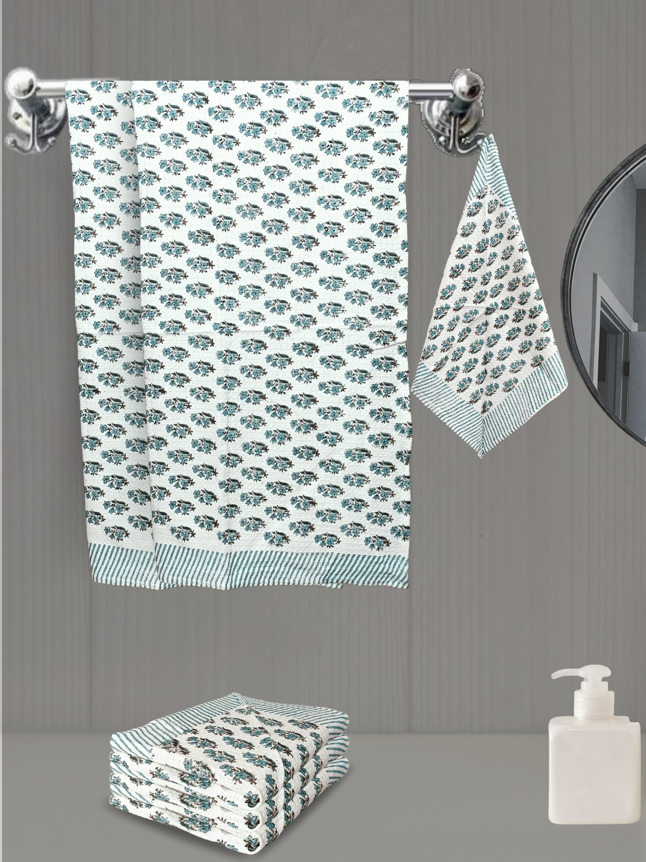 LIVING ROOTS Hand Block Printed 6 Pcs ( 2 Bath Towel & 4 Hand Towel ) Waffle Cotton Soft & Absorbent | 210 GSM | White | ( BATH2PC-020-HAND4PC-20 )