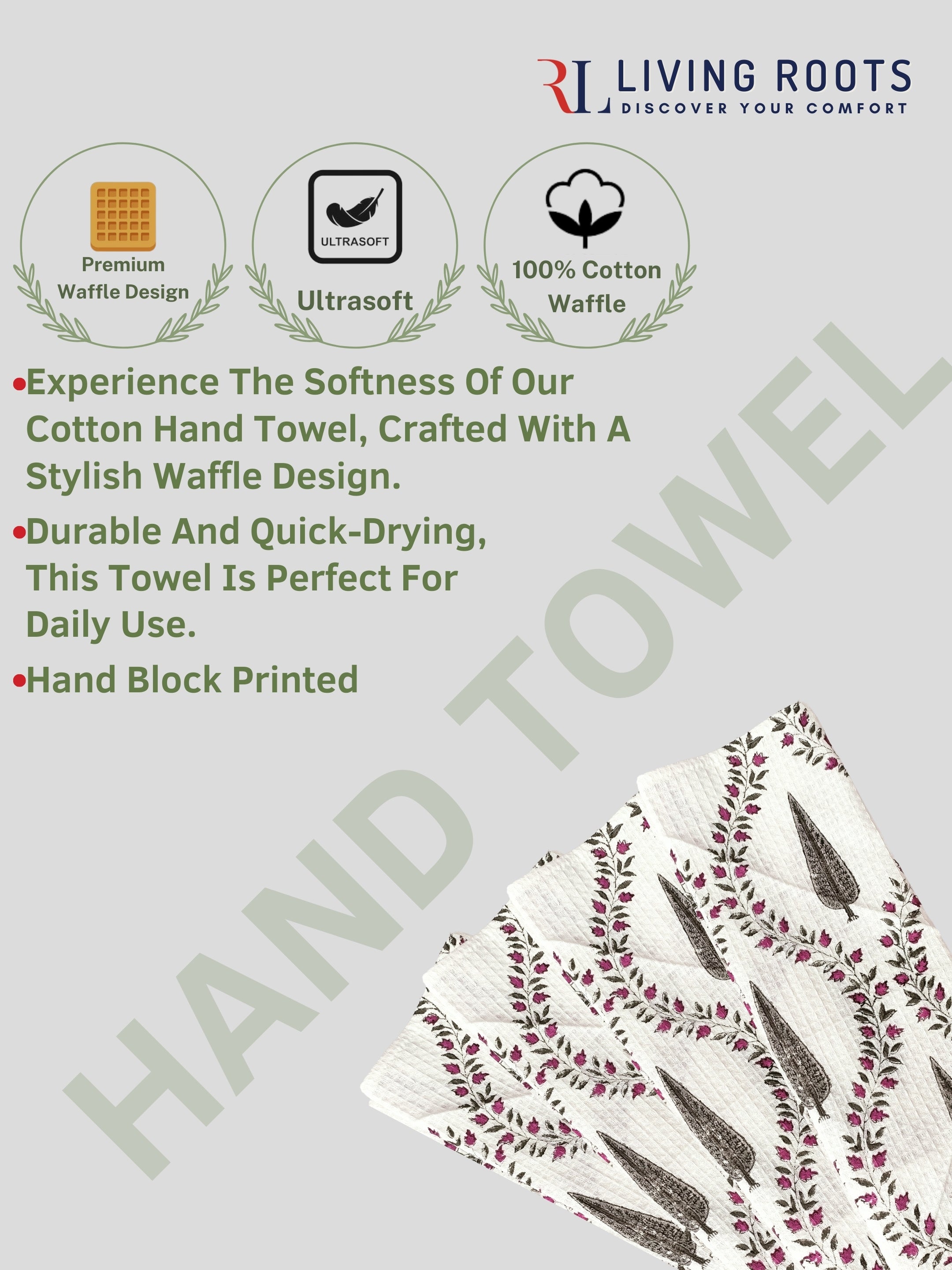LIVING ROOTS Hand Block Printed 6 Pcs ( 2 Bath Towel & 4 Hand Towel ) Waffle Cotton Soft & Absorbent | 210 GSM | Grey | ( BATH2PC-017-HAND4PC-17 )