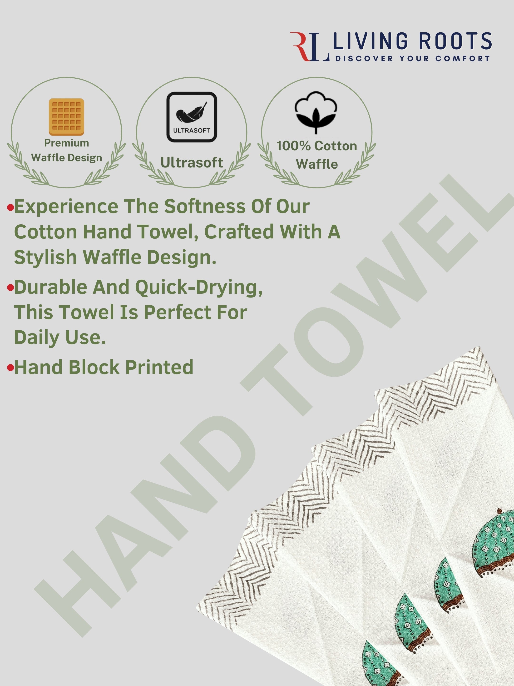 LIVING ROOTS Hand Block Printed 6 Pcs ( 2 Bath Towel & 4 Hand Towel ) Waffle Cotton Soft & Absorbent | 210 GSM | Green | ( BATH2PC-018-HAND4PC-18 )