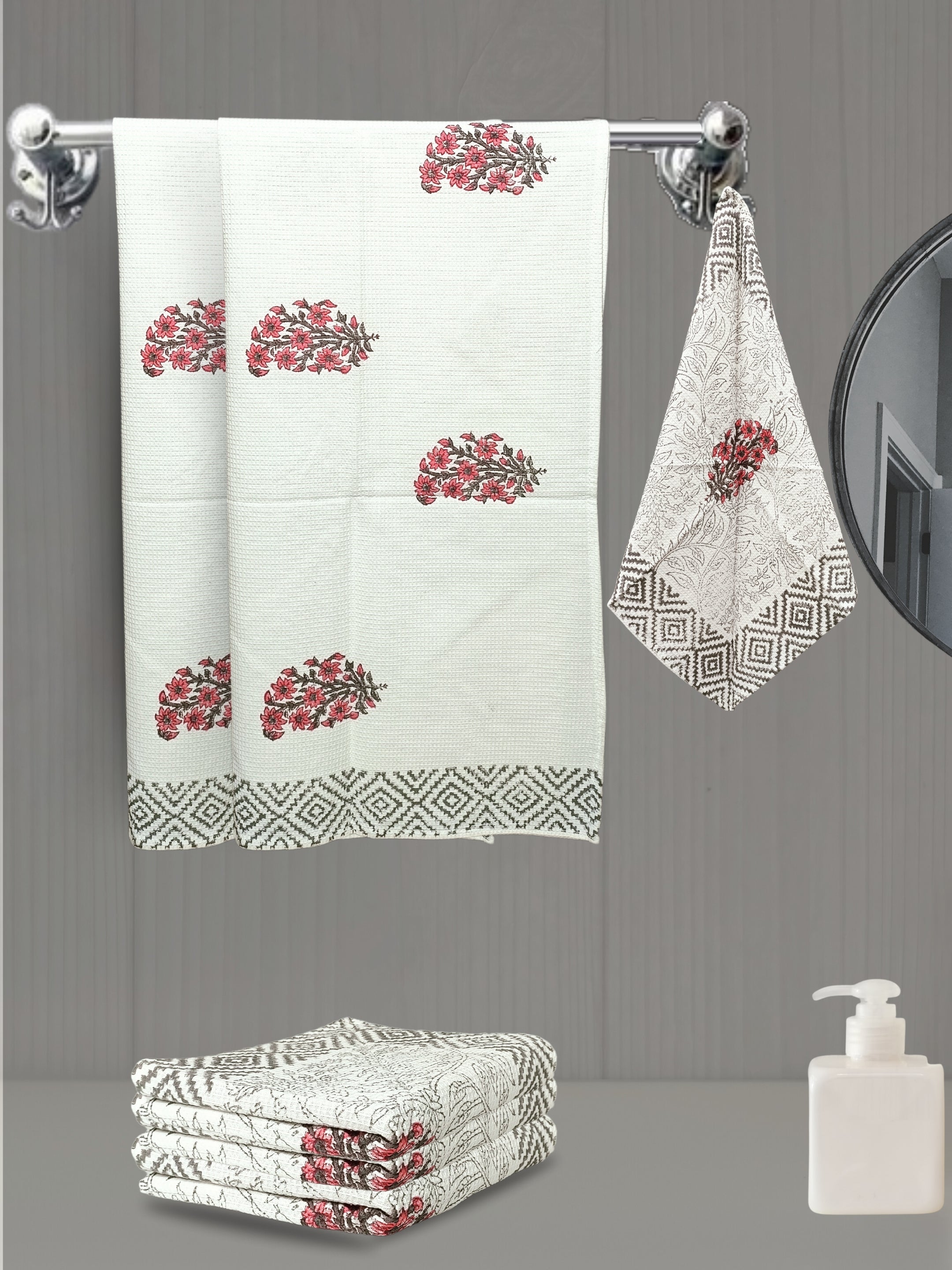 LIVING ROOTS Hand Block Printed 6 Pcs ( 2 Bath Towel & 4 Hand Towel ) Waffle Cotton Soft & Absorbent | 210 GSM | Red & White | ( BATH2PC-021-HAND4PC-21 )