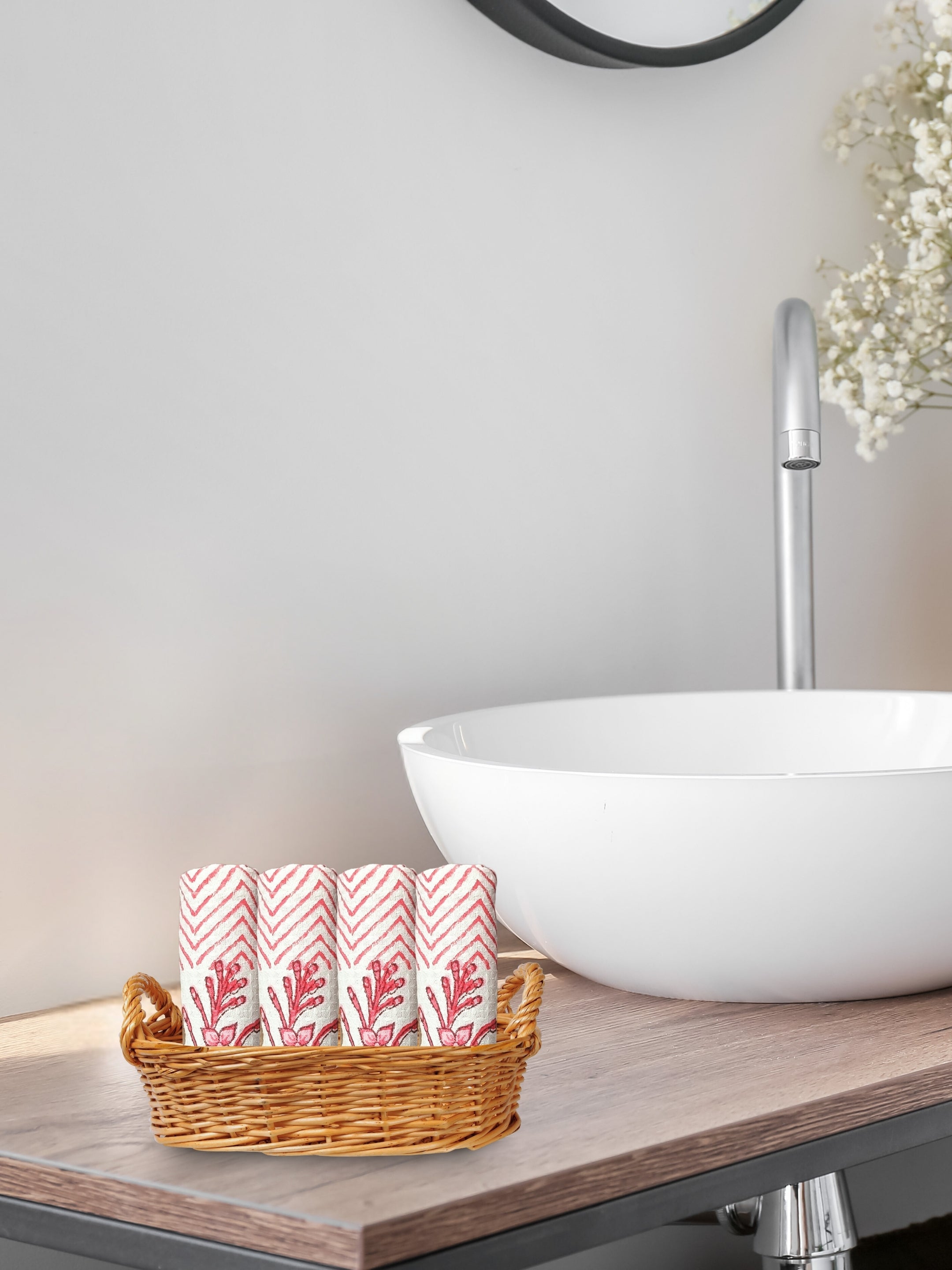 LIVING ROOTS Hand Block Printed 4 Pcs Face Towels Waffle Cotton Soft & Absorbent | 210 GSM | Pink | ( FACETOWEL-01-4PC )