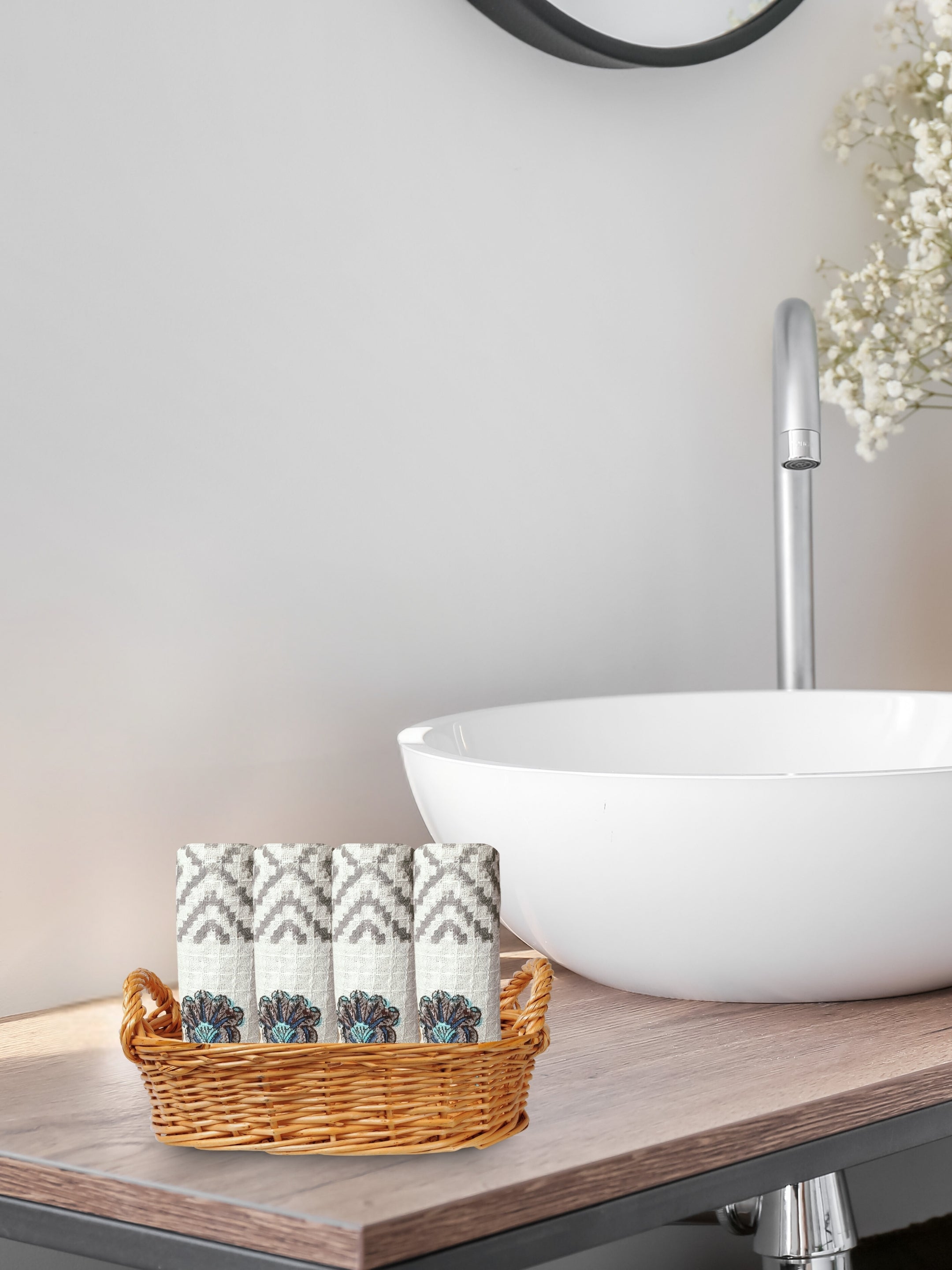 LIVING ROOTS Hand Block Printed 4 Pcs Face Towels Waffle Cotton Soft & Absorbent | 210 GSM | Blue | ( FACETOWEL-03-4PC )