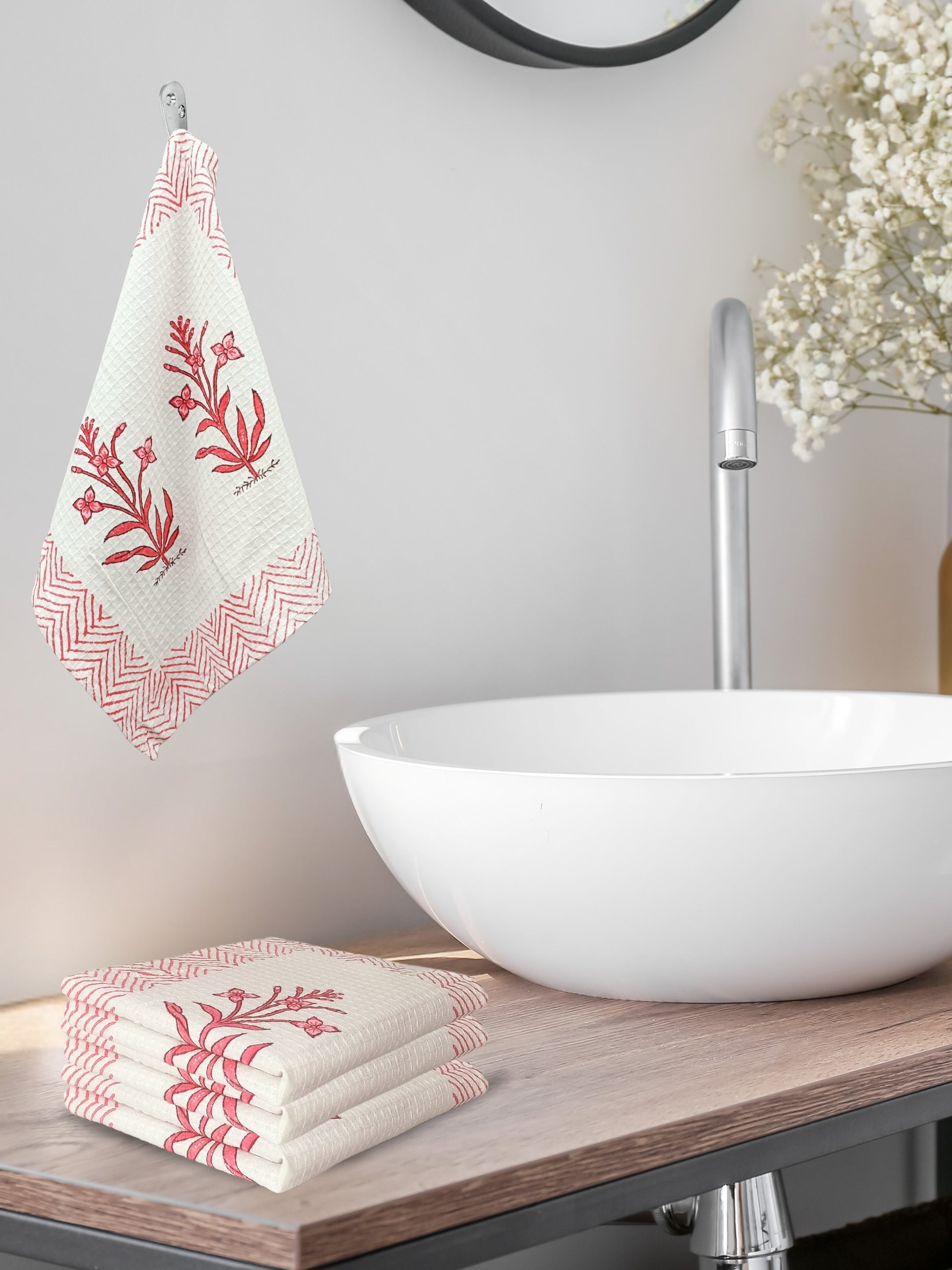 LIVING ROOTS Hand Block Printed 4 Pcs Hand Towel Waffle Cotton Soft & Absorbent | 210 GSM | Pink | ( HANDTOWEL-01-4PC )