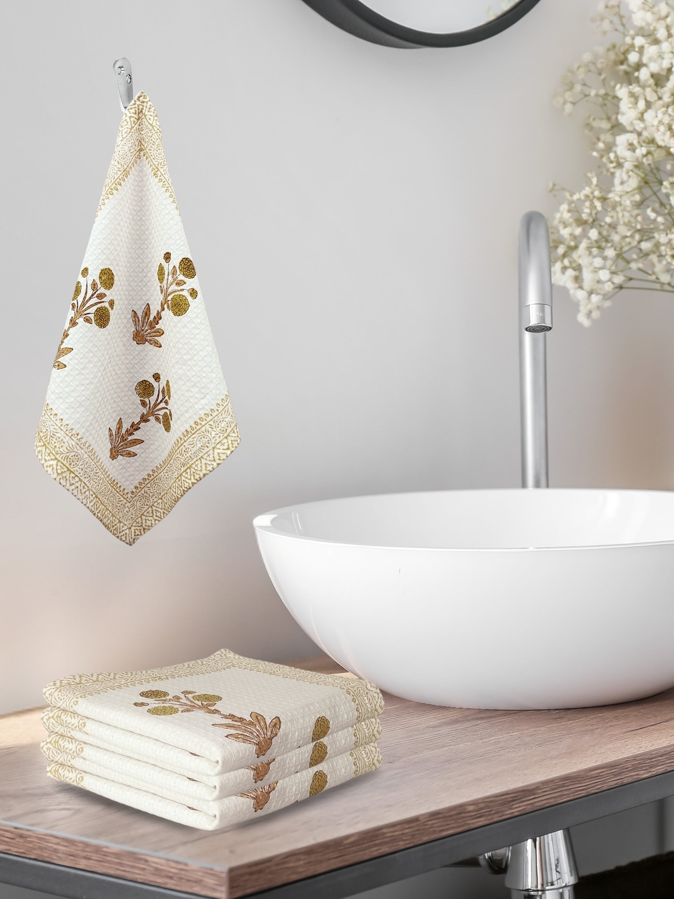 LIVING ROOTS Hand Block Printed 4 Pcs Hand Towel Waffle Cotton Soft & Absorbent | 210 GSM | Brown | ( HANDTOWEL-02-4PC )